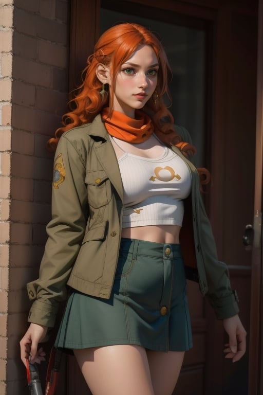 a beautiful young woman, 18 years old, pretty face, tall and athletic build. Long curly orange hair, green eyes. She wears a loose-fitting green jacket that extends to mid-thigh, a red scarf, accompanied by a pair of tight-fitting gray miniskirt. She keeps the jacket unbuttoned and pinned to the side of her, revealing a yellow crop top. She has big breasts, a large breasts. She also wears a small earring in each ear. She wears various metallic/gold emblems. Holding his loose jacket open against her chest, she has wide hips, big ass, round ass, wide thighs. sciamano240, Wrenchftmfshn, momomi.