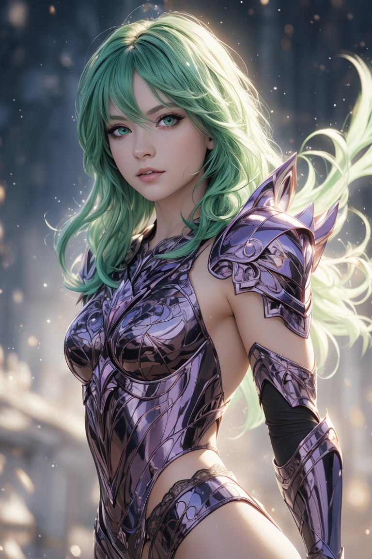 Masterpiece, HD, 8K, high resolution, green eyes, green hair,  defiant and well-detailed look, majestic, cowboy_shot, stars, nightsky, see viewer,1 girl, Shaina , 20 years old, 1girl, green hair, green eyes, she wears purple armor, green clothes, blue energy, Saint Seiya, Seiya de Ofiuco, Shaina