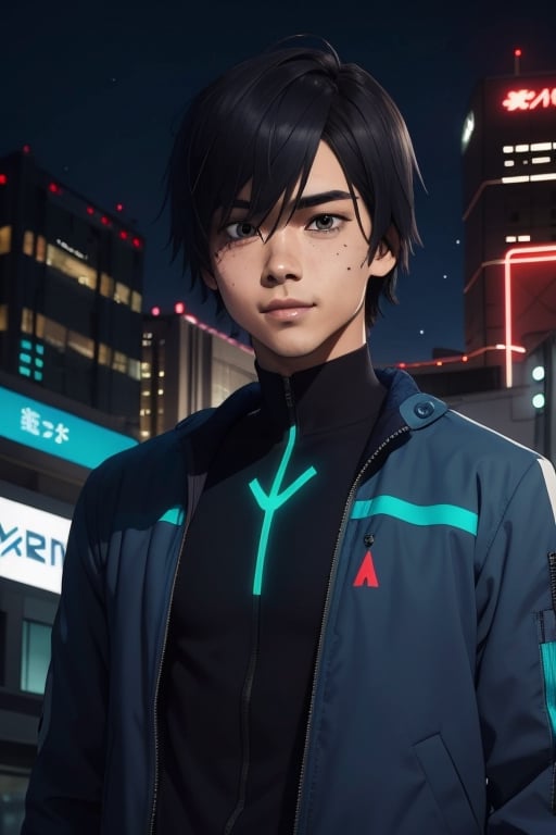 Hiro wearing the silver "Driver" jacket, black sweater, dark blue jeans. Hiro had an average build, height, and a standard "slim" male physique. Hiro is 16 years old. He had black, shaggy hair and rich blue eyes. In the background a night city with neon lights, interactive elements, very detailed, ((Detailed face)), ((Detailed Half body)), silver jacket, Color Booster, hiro_franxx,sciamano240