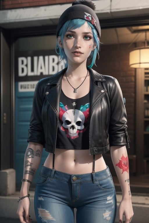 Chloe Price is tall and has a punk aesthetic. Her short hair was bright blue with teal highlights. She wears ripped pale blue-gray jeans with suspenders, black boots, and a white tank top with a skull, heart, or snake on it. She wears light blue nail polish on her fingers and toes. She has always been seen wearing a necklace that has three bullets hanging on it as pendants. She wears a dark brown leather jacket and a dark blue beanie. She has a sleeve tattoo on her right arm, an intricate design featuring red flowers with stems and green leaves with thorns, blue butterflies, a red ribbon, and a yellow skull. sciamano240, fantasy, chloeprice,chloeprice