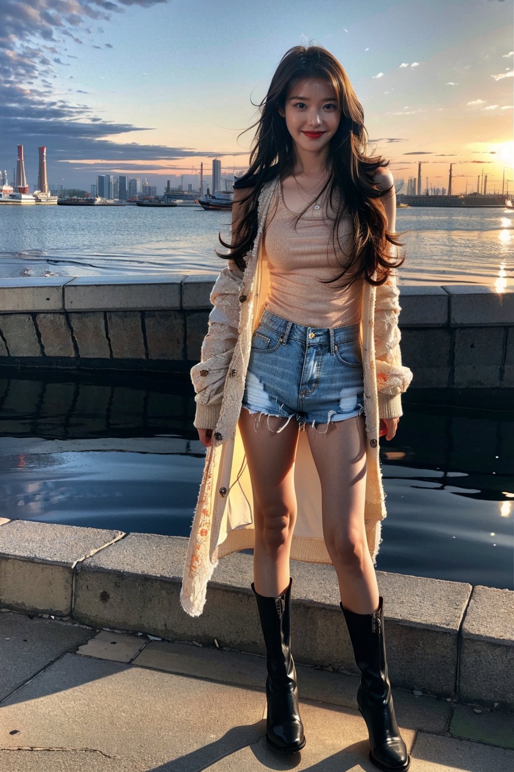 (masterpiece, top quality, best quality,1girls,Korean, beautiful face, smile, long hair, 19 years old, tank top, jacket, shorts, boots, hills, full body view, sunset,iulorashy