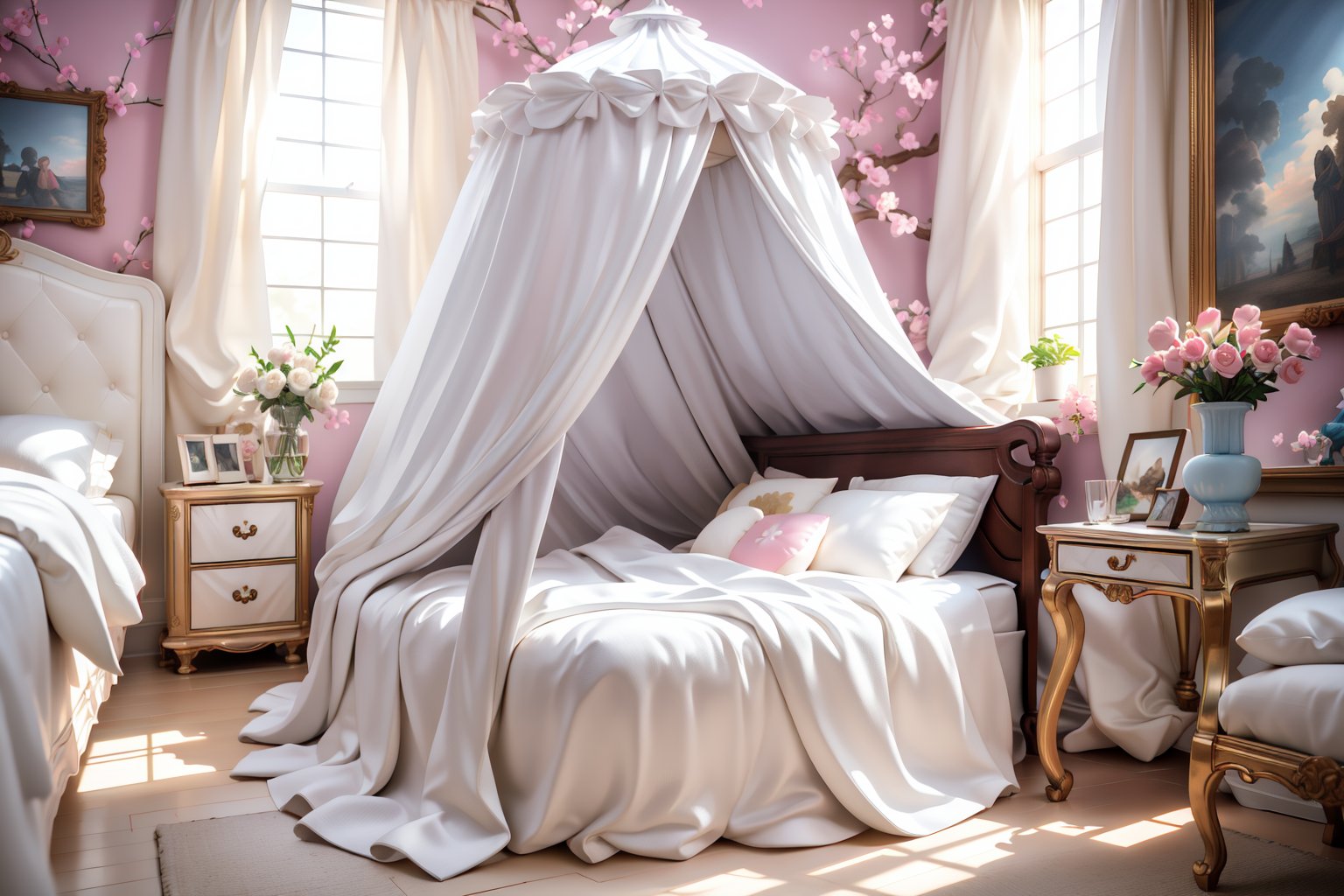 A tenderly lit enfant bedroom with vivid colored walls  and combined pink and sky base walls serving as a serene backdrop. Plush toys surround a plush pillow, exuding whimsy and charm. A soft, warm glow emanates from the bedside lamp, casting gentle shadows on the wall. The room's delicate atmosphere with lot of toys and childish objects everywhere placed carefully ordered arround childs bed giving a kind and innocent atmosphere,Rococo style combined with minimalist decoration