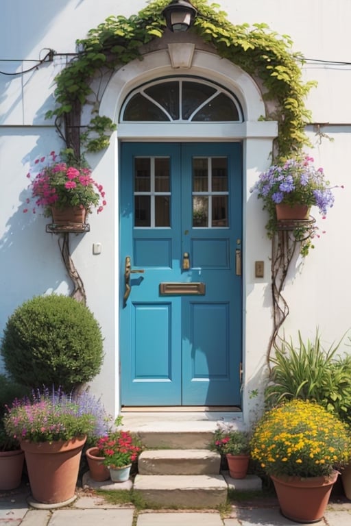 poor house blue door, white wall, window,  with valcony and flowers, mornimg, cute, glow, tradicional, bike