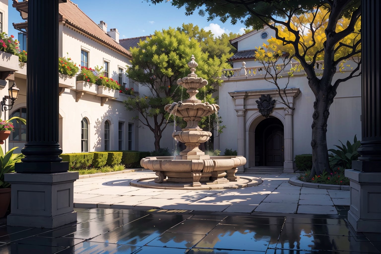 little white house, white walls, mango  tree shadow, ancient, intense glow, hdr, black stones path, balcony, glossy floor, gothic, fountain, statue of a beautiful woman  realistic detailed, flowers,