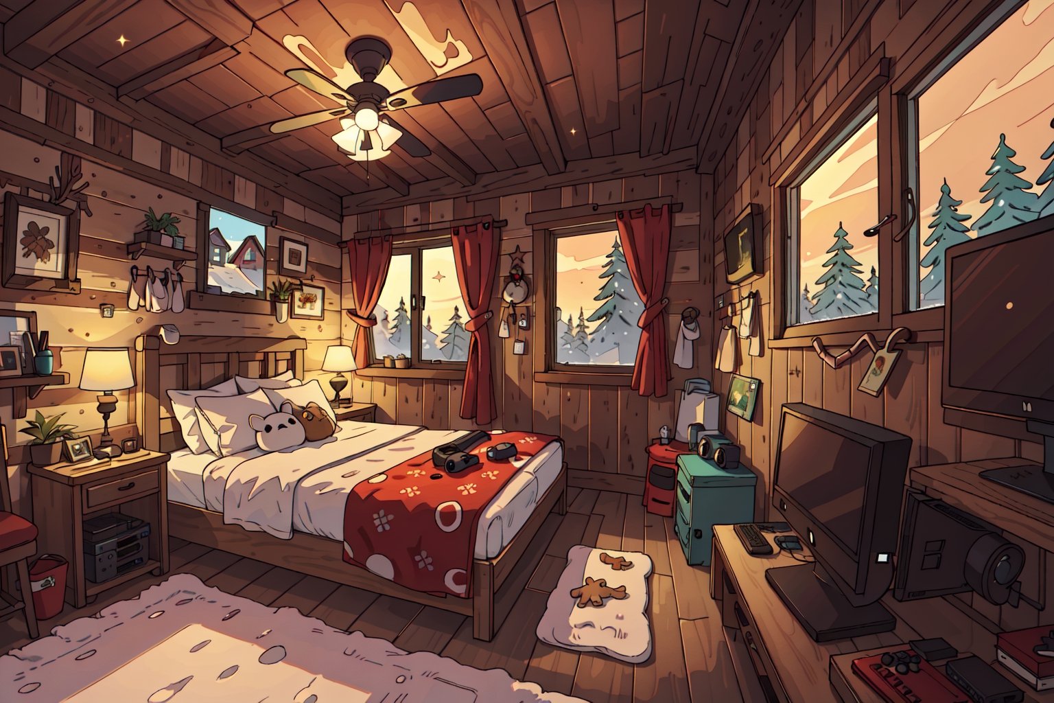 A masterpiece in 16K resolution, with the highest level of quality, sharpness and detail, wallpaper of a cabin room, gamer room, winter time, through the window you can see a winter area