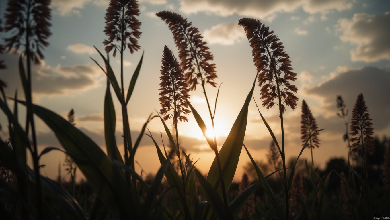 Create a 8k resolution in realistic-style. The image depicts a close-up view of several plants with elongated leaves and tall flower spikes, silhouetted against a sky at what appears to be either sunrise or sunset. The sky is partly cloudy with the sun visible near the horizon, casting a warm glow and creating a backlight effect on the plants. This interplay of light and shadow highlights the natural beauty and intricate details of the plants against the vastness of the sky.Midjourney_Whisper