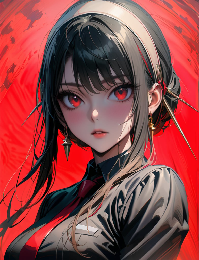 (masterpiece:1.3),best quality,official art,(beautiful and aesthetic:1.3),1girl,solo,official art,(oil painting style:1.2),Yor Forger from , black long hair,straight bangs, (symmetrical bangs:1.2), beige hairband, curled hair ends, red eyes, black suit, red tie, gold earrings,killing intent, half-body shot, turn around,depth of field, light red background,portrait,aesthetic