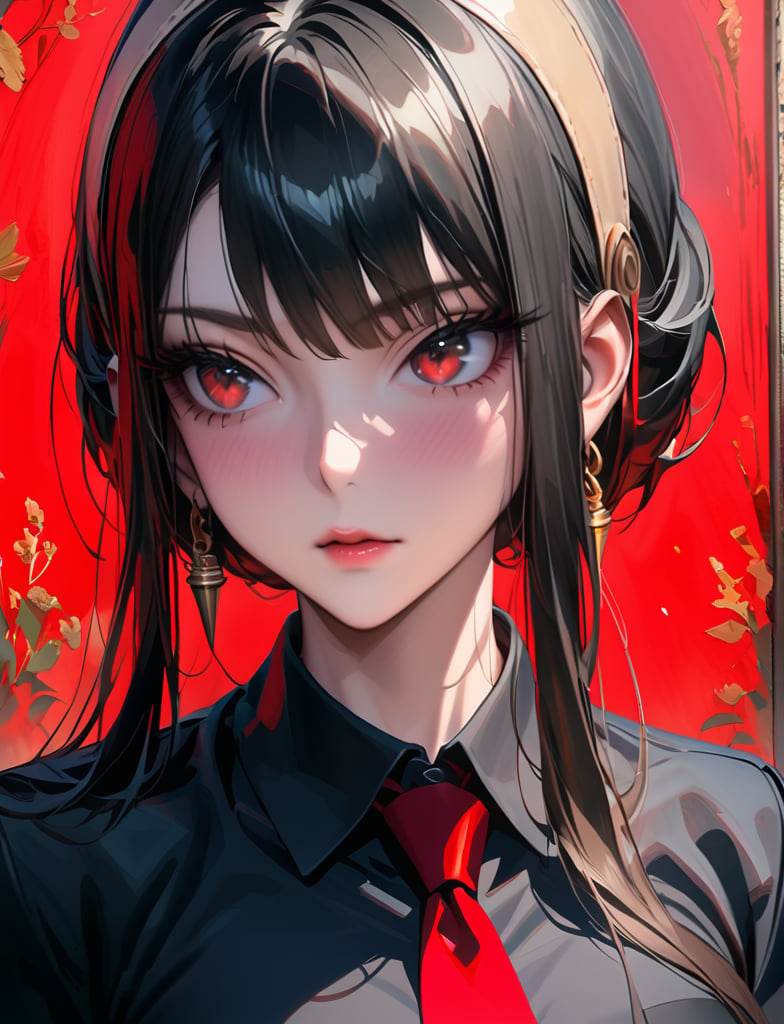 (masterpiece:1.3),best quality,official art,(beautiful and aesthetic:1.3),1girl,solo,official art,(oil painting style:1.2),Yor Forger from , black long hair,straight bangs, (symmetrical bangs:1.2), beige hairband, curled hair ends, red eyes, black suit, red tie, gold earrings,killing intent, half-body shot, turn around,depth of field, light red background,portrait,aesthetic