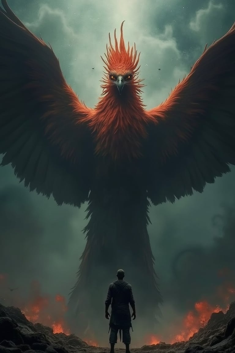 A haunting scene featuring a man standing before a colossal phoenix,  which dominates the center of the composition,  its...