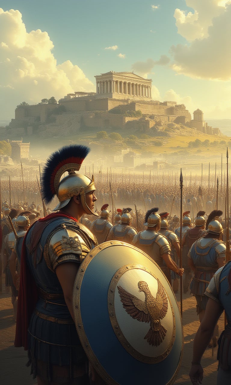 Here's an expanded description of the ancient Greek war scene in English, incorporating additional details:

Imagine a pivotal battle in the Greco-Persian Wars of the 5th century BC, where an Athenian-led coalition of Greek city-states clashed with the mighty Persian Empire. The stage is set on a sun-drenched plain, with scattered small hills and a thin layer of mist hanging low over the landscape.

In this epic confrontation, the Greek phalanx formation stands as an impenetrable wall against the charging Persian cavalry. Each Athenian hoplite (infantryman) is armed to the teeth with gleaming bronze armor, sporting distinctive Corinthian helmets adorned with red horsehair plumes. Their long pikes (doru), measuring approximately 8 feet in length, stand vertically at attention, ready to unleash a deadly hail of thrusts.

The phalanx formation is densely packed and impenetrable, with shields overlapping like the scales of a mythical dragon. These shields bear the emblem of their city-state: a proud golden owl against a deep blue background – an enduring symbol of Athenian wisdom and martial prowess.

As the enemy cavalry approaches, the faces of the Greek warriors set in determined expressions, bracing for impact. The air is heavy with tension, thickening the already misty atmosphere. In the foreground, one hoplite stands at the forefront of this unyielding line, his eyes fixed intently on the approaching horde as he grips his shield and pike with battle-hardened hands.

The backdrop of the Athenian Acropolis rises majestically in the distance, its marble structures glistening in the sunlight like beacons of civilization. This ancient citadel stands as a testament to Greek ingenuity and culture, starkly contrasting with the brutal reality of war unfolding on the plains below.

As the Persian cavalry charges forward with thundering hooves and cries of "For the King!", the very earth seems to tremble beneath their feet. The clash of steel against bronze resounds through the misty air, accompanied by the eerie screams of horses and men alike.

This pivotal moment in history captures the essence of ancient warfare – a dance of death between heavily armored infantry and lightning-fast cavalry, with the fate of empires hanging precariously in the balance. The phalanx formation, once considered impenetrable, is about to face its ultimate test against the sheer might of the Persian Empire.

The outcome hangs uncertain, leaving us wondering if this will be a day etched into history as a glorious Greek victory or a crushing defeat at the hands of their Eastern foes. Will the discipline and strategy of the phalanx prove enough to withstand the waves of Persian horsemen, or will the numerical superiority of the enemy break through this seemingly impenetrable line? The battle rages on, with every moment holding the potential to reshape the course of ancient history.

This vivid scene brings to life the intensity and drama of warfare in ancient Greece, showcasing both the technological prowess and human resilience that characterized these epic conflicts. As we gaze upon this frozen moment in time, we're reminded of the enduring legacy left by these ancient warriors – a testament to courage, strategy, and the unyielding spirit of a people determined to defend their city-states against all odds.