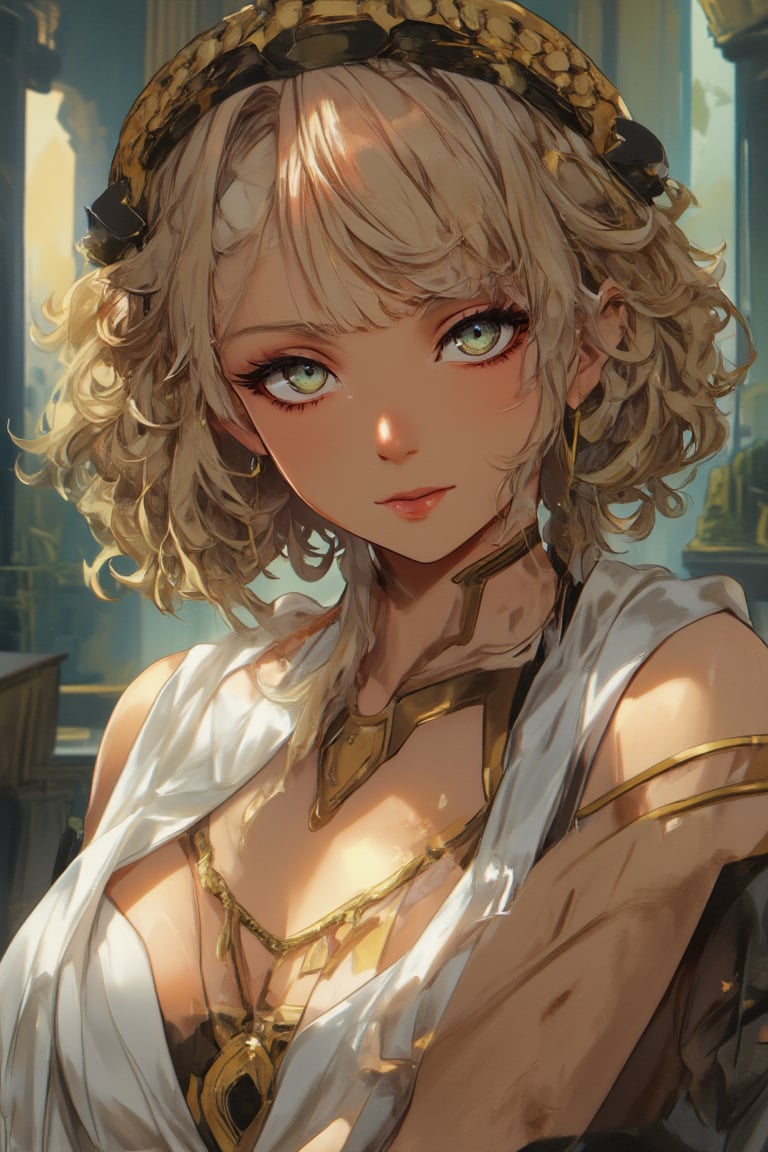 (Portrait of a beautiful woman wearing white ancient greek dress), (short blonde curly-hair:1.2), green eyes, perfect anatomy, perfect face, looks at the camera, golden earings, golden necklace, hyper-detailed, intricately detailed, perfect lighting, (complex-background, greek mythology), ancient greece theme, volumetric, vibrant, sunlight, sexy pose, full body