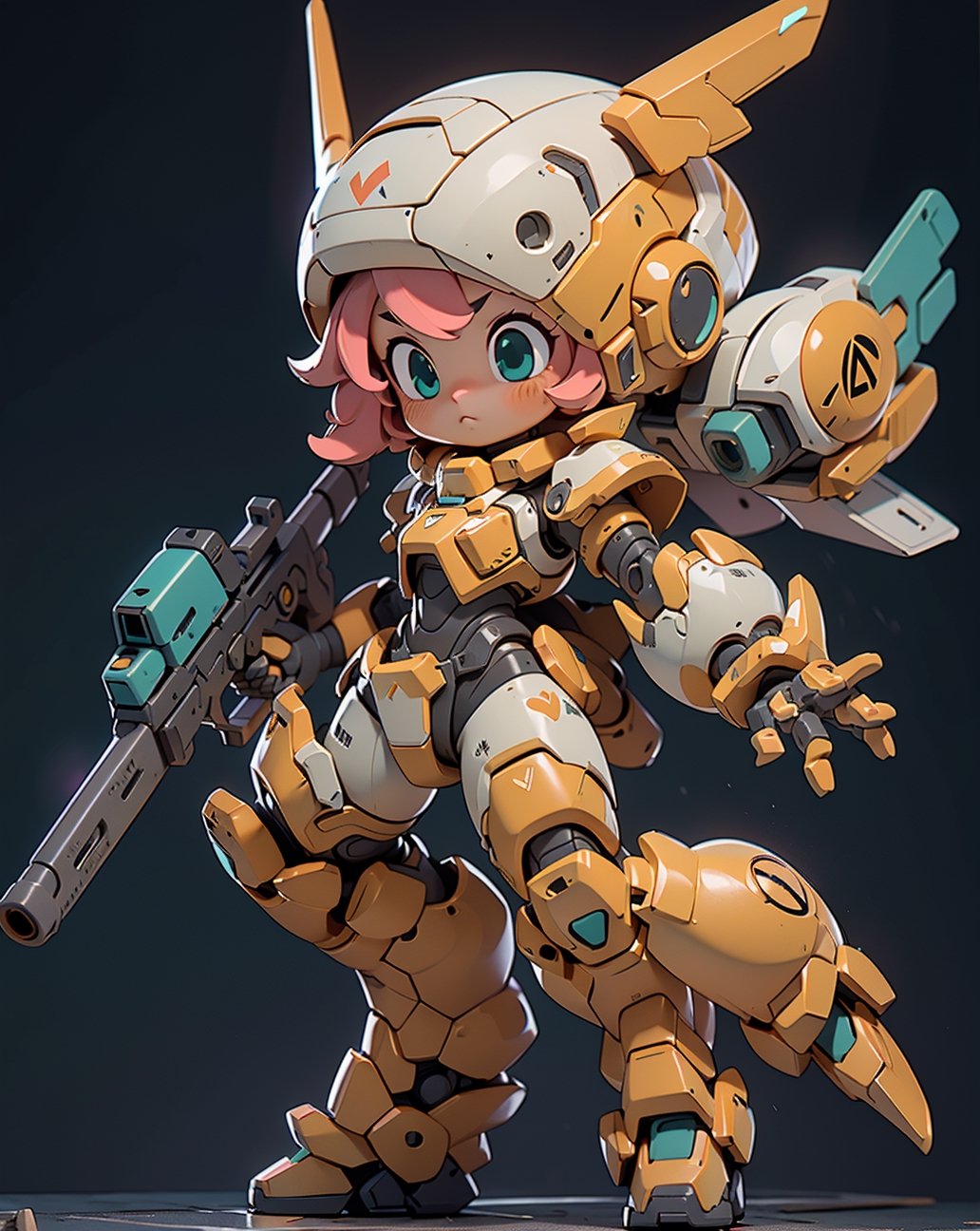 ((highest quality)), (8k, very detailed, full-length frame, high-detail RAW color art, masterpiece: 1.2), bj_cute_machinery,1 woman, alone, blush, blue_eyes, Hold, closed_mouth, standing, saturated_body, weapon, pink_hair, Little, Hold_weapon, Armor, aqua_eyes, gun, helmet, Black color_background, clenched_hand, Hold_gun, Mecca_museum, power_Armor,
cinematic lighting, strong contrast, high level of detail, best quality, masterpiece, style,BJ_Cute_Mech,1 girl,3DMM,better_hands