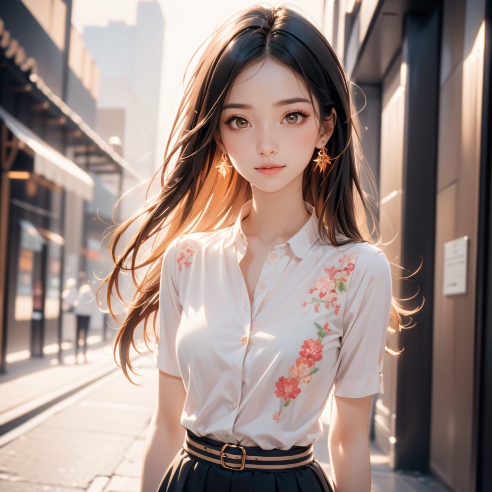 (Highest Quality), (Realistic, Realistic:1.1), Highest Quality, Masterpiece, Beautiful and Aesthetic, 16K, High Contrast, (Vivid Colors:1.3), Exquisite Details and Textures, Cinematic Shots, Warm Tone, (Bright, Intense), Highly realistic illustration background, black long hair, brown eyes, beautiful Korean girl, pale skin, small earrings, detailed character design style, digital airbrushing, 8k resolution, glowing colors Ultra HD, detailed painting, wide smiling face, Sparkly, cute and adorable, surreal, breathtaking beauty, pure perfection, divine, unforgettable, impressive, front view, skirt, shirt,masterpiece