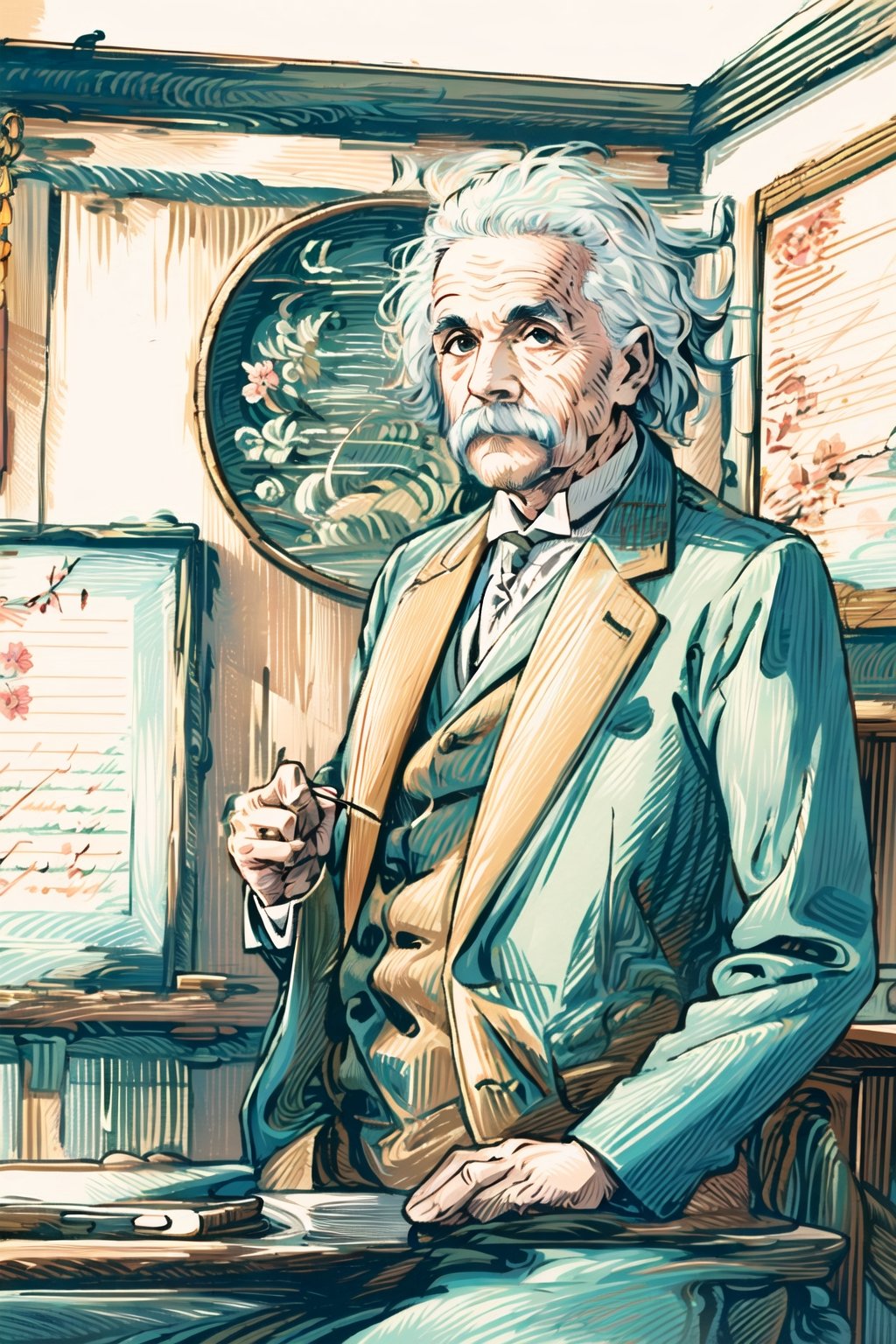 wookcut,a man that is standing in front of a blackboard, by Konrad Witz, pexels, precisionism, portrait of einstein, wax figure, a silver haired mad, ,Extremely Realistic, Best quality, master piece, high resolution, high quality, high detail, perfect human anatomy, realistic , cute and small face and eyes and body and fingers and skin, perfect  face and eyes and body and fingers and skin, detailed face and eyes and body and fingers and skin, 16K,
cute face, detailed ,realistic picture, ((full bang)), 2023's, ,Realism,sketch art, traditional chinese ink painting,game interface