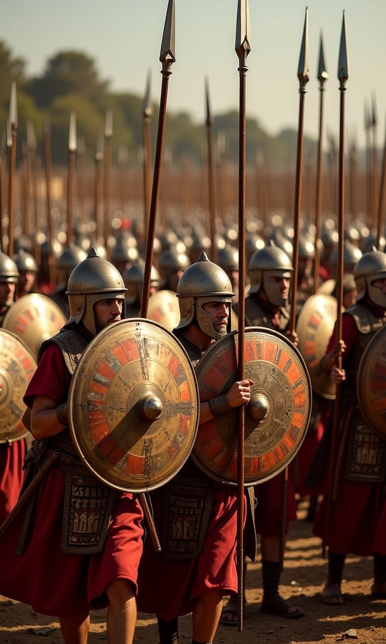 Large circular aspis shields, painted with various city-state emblems, are held at the ready, creating a moving wall of polished bronze. Long dory spears rest on right shoulders, points glinting in the sunlight. The simultaneous movement of thousands of spears creates a hypnotic, wave-like effect