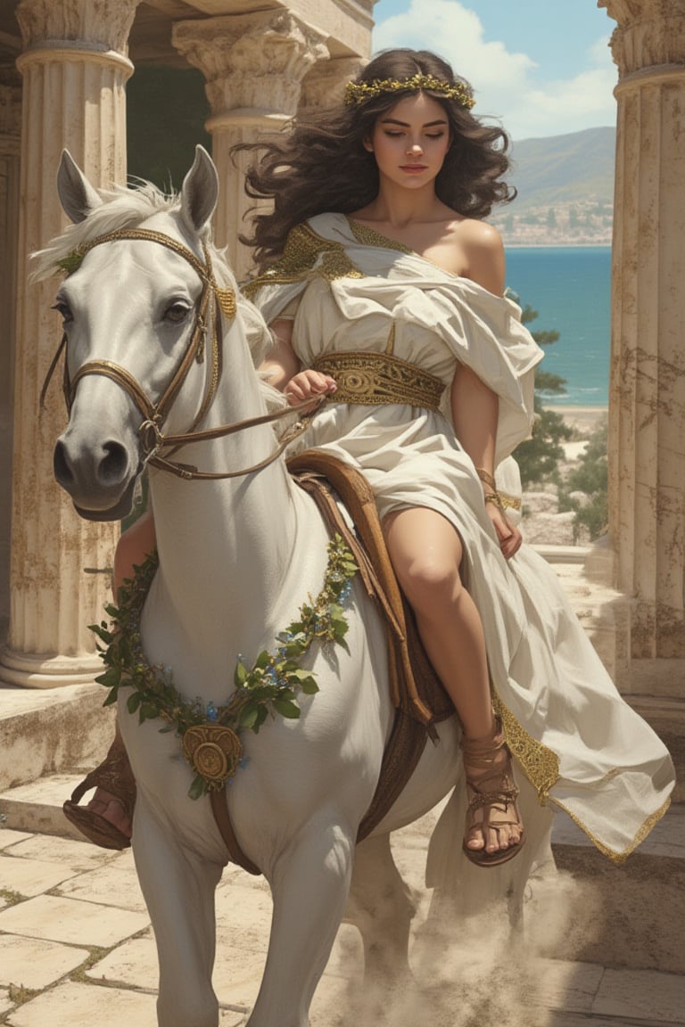 AniReal, illustration of an animated Greek maiden riding horseback through ancient Hellas. She is dressed in a flowing white chiton  with gold trim along the edges, the fabric elegantly draped and secured with ornate bronze fibulae at her shoulders, paired with leather sandals that lace up her calves. The rider sits gracefully sidesaddle on a white horse adorned with olive leaf garlands, her right hand holding loose reins decorated with Mediterranean blue beads, while her left hand rests gently on the horse's mane. Her dark curled hair is partially gathered with a golden laurel wreath, with loose curls dancing in the Aegean breeze. Her expression is serene yet dignified, embodying classical Greek beauty. The background features ancient marble columns, cypress trees, and the azure Mediterranean Sea in the distance.