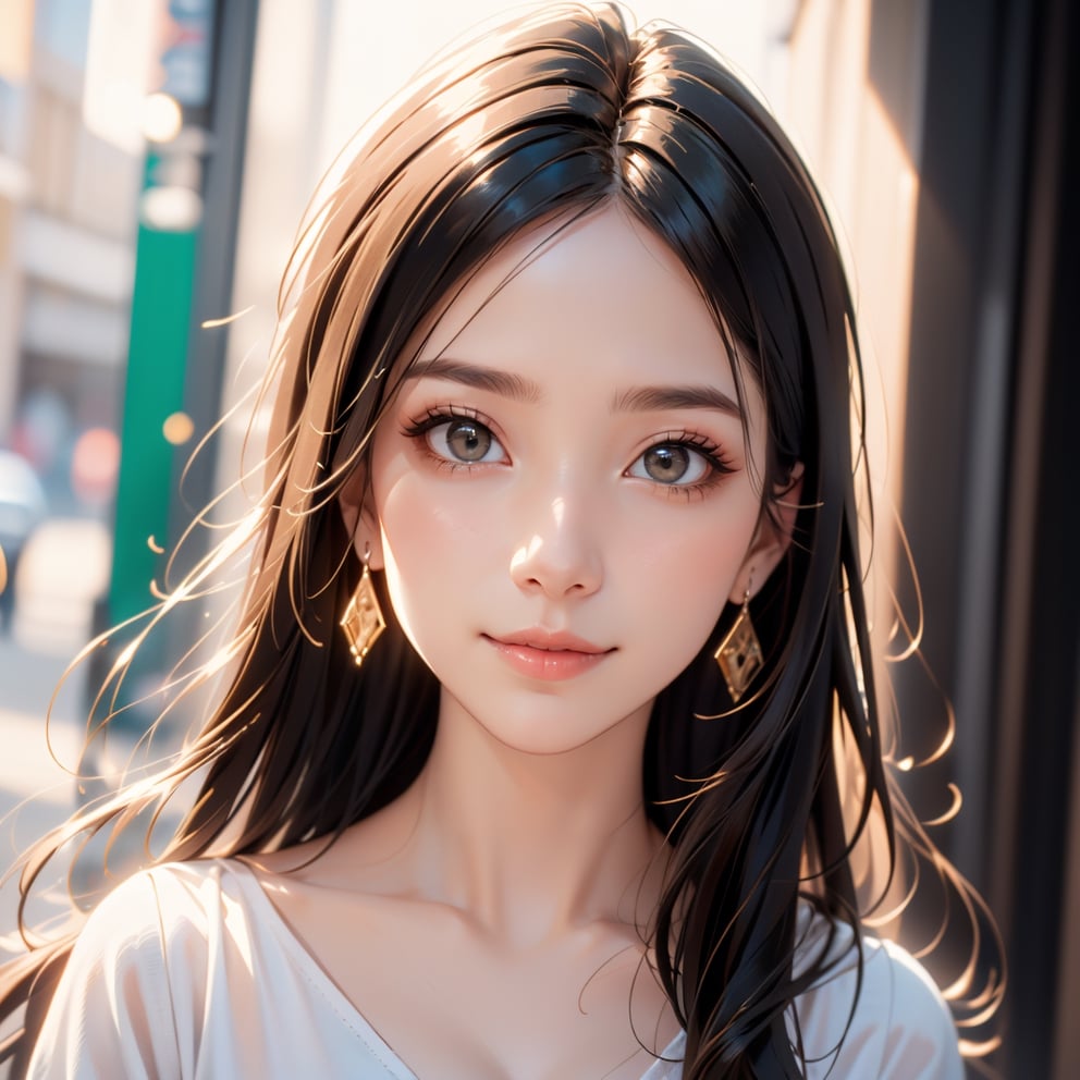 (Highest Quality), (Realistic, Realistic:1.1), Highest Quality, Masterpiece, Beautiful and Aesthetic, 16K, High Contrast, (Vivid Colors:1.3), Exquisite Details and Textures, Cinematic Shots, Warm Tone, (Bright, Intense), Highly realistic illustration background, black long hair, brown eyes, beautiful Korean girl, pale skin, small earrings, detailed character design style, digital airbrushing, 8k resolution, glowing colors Ultra HD, detailed painting, wide smiling face, Sparkly, cute and adorable, surreal, breathtaking beauty, pure perfection, divine, unforgettable, impressive, front view, skirt, shirt,masterpiece