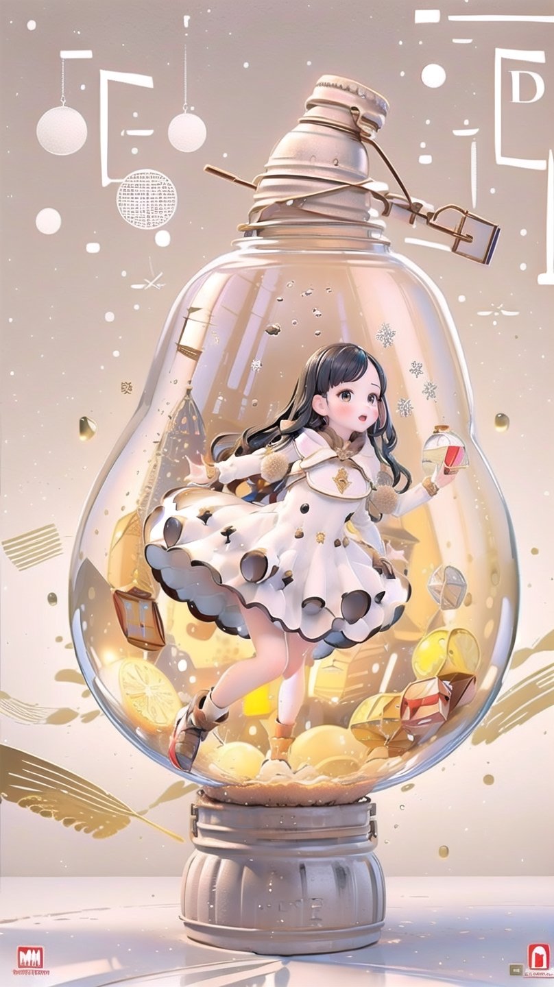 (Masterpiece, Superior） 
(Masterpiece, Superior, Superb, Official Art, Beautiful :1.2), A young girl, long black hair , white dress,em (typography),
(container, bottle), snowflake background ,
,SGBB
<em><u>phgls, in container,bottle,3dcharacter