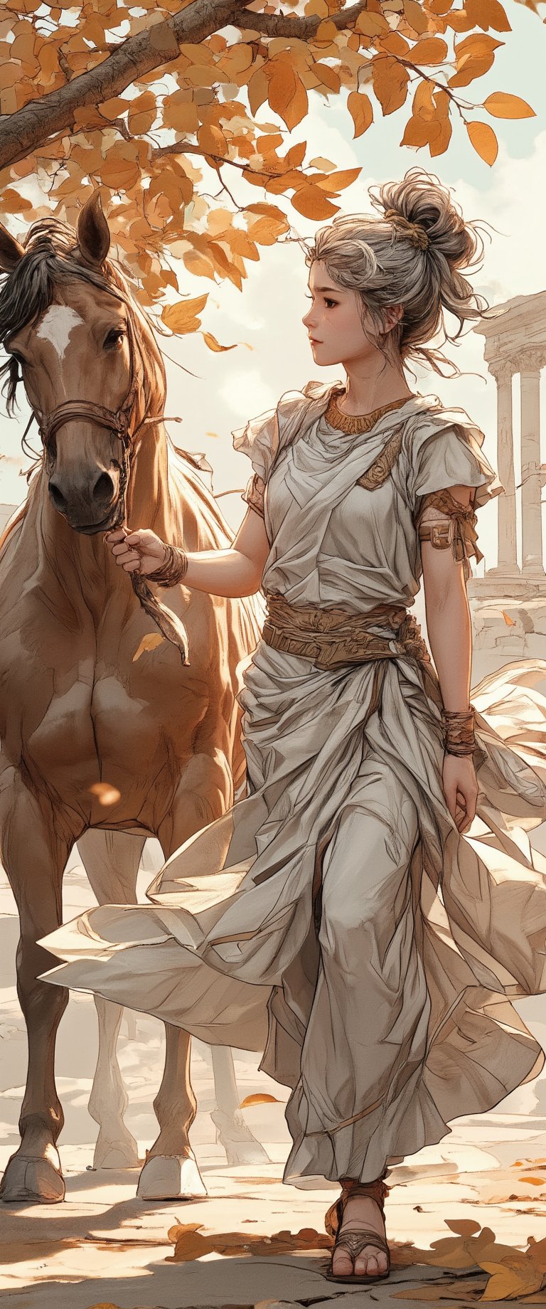 Photo, realistic, light refraction, A warm autumn afternoon scene: a young girl in ancient Greek attire leading a horse. The girl wears a flowing chiton dress with intricate folds and a decorative belt. Her hair is styled in a classical Greek updo with ribbons. She gently holds the reins of a majestic horse standing beside her. The horse is finely rendered with attention to its musculature and mane. The background hints at a Greek landscape with distant columns or ruins. The artwork should have crisp, clean lines and high contrast, emphasizing the manga aesthetic while maintaining the classical Greek elements. Include subtle shading and textures to enhance the depth and detail of the image., beautiful 8k photorealistic, 