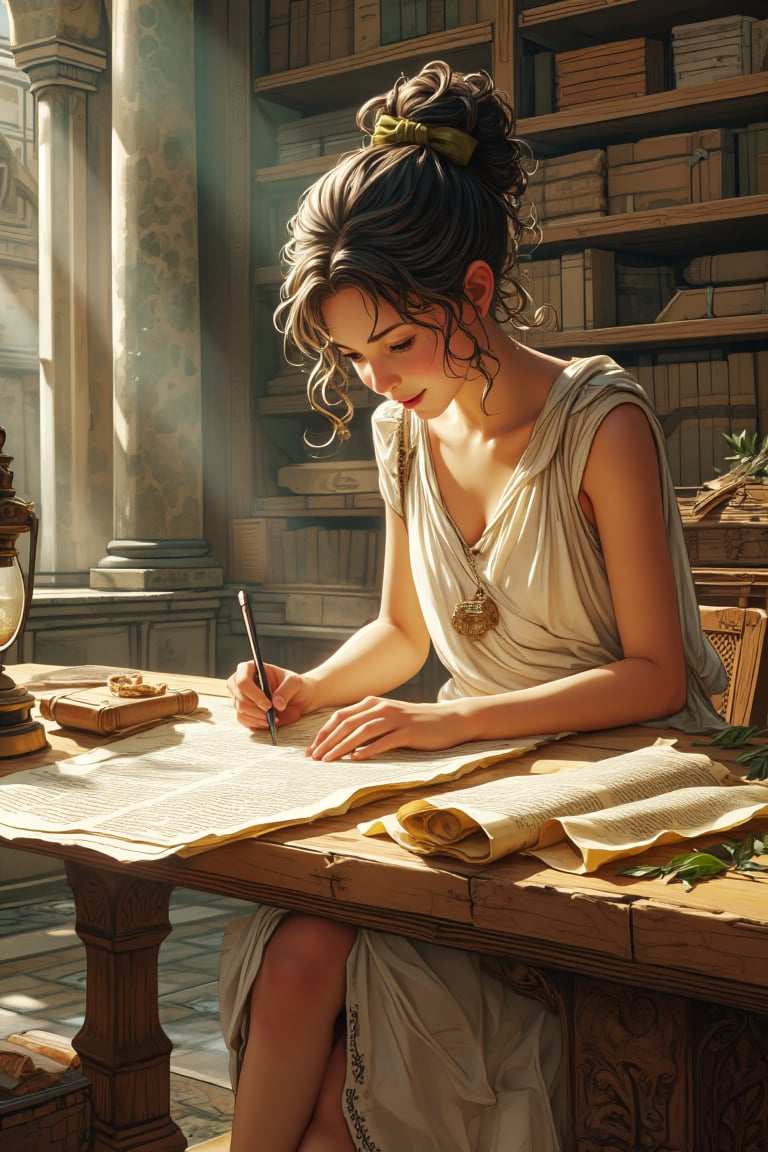 score_9, score_8_up, score_7_up, masterpiece, best quality, absurdres, very aesthetic, detailed illustration, 8k UHD, (detailed background:1.1), young Greek girl studying in ancient library, simple white chiton with modest bronze clasp curled dark hair tied with olive green ribbon leather sandals with simple straps curious and focused expression seated at carved wooden table multiple scrolls of yellowed parchment spread out bronze oil lamp casting warm light ink pot and quill nearby wax tablet for notes scattered olive leaves used as bookmarks shelves of scroll cases in background filtered sunlight through high windows dust motes dancing in light beams marble columns with subtle shadows mosaic floor patterns visible gentle lean over scrolls one hand tracing text lines other hand holding scroll edges concentrated expression soft smile of discovery loose curls falling forward