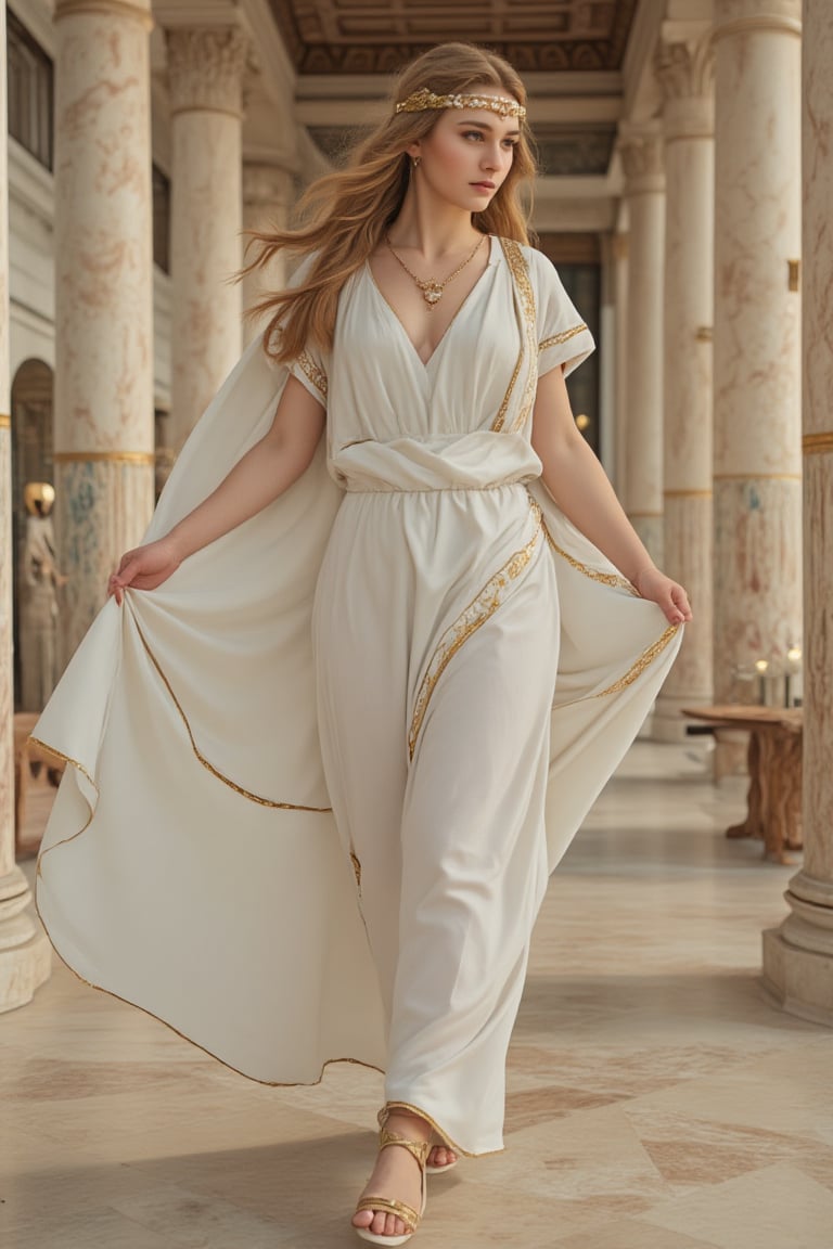 AniReal,
 score_9, score_8_up, score_7_up, masterpiece, best quality, absurdres, very aesthetic, detailed illustration, 8k UHD, (detailed background:1.1), 1girl, solo,
elegant Greek girl walking through marble palace halls, graceful posture,
flowing white peplos  with golden trim and intricate draping,
long wavy golden hair adorned with gold circlet and pearl pins,
delicate sandals with gold straps winding up ankles,