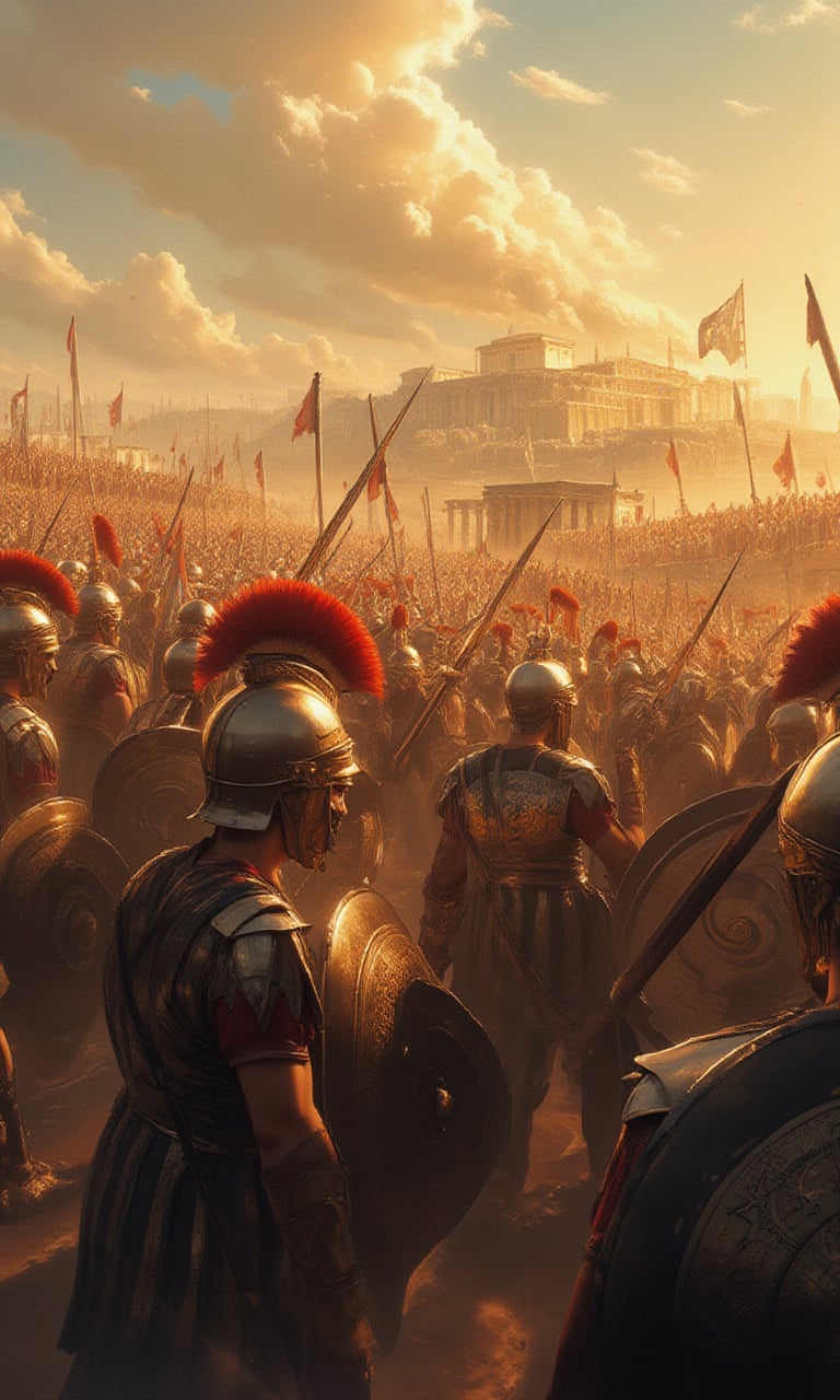 A dramatic and detailed illustration of a dense formation of hoplites in the 5th century BCE, engaged in fierce combat on an ancient Greek battlefield. The Greek warriors are clad in gleaming bronze armor, their iconic Corinthian helmets adorned with red horsehair plumes. They wield long spears (doru) held vertically as they prepare to clash with a charging Persian cavalry unit.

The phalanx formation is dense and compact, with shields overlapping to form an impenetrable wall of wood and bronze, bearing the emblem of their city-state: a proud golden owl on a dark blue background. The soldiers' faces are set in determined expressions as they await impact.

In the foreground, one hoplite stands slightly forward, his spear at the ready while others behind him prepare to thrust theirs over his shoulder. In the background, a hazy silhouette of the Acropolis rises above the chaos of battle.

The scene is bathed in warm sunlight casting long shadows across the dusty plain. The sky above is filled with the smoke and flames of burning siege engines, adding an air of urgency to the battle.

The overall mood should evoke a sense of intensity and impending conflict, capturing the essence of ancient Greek warfare at its peak.