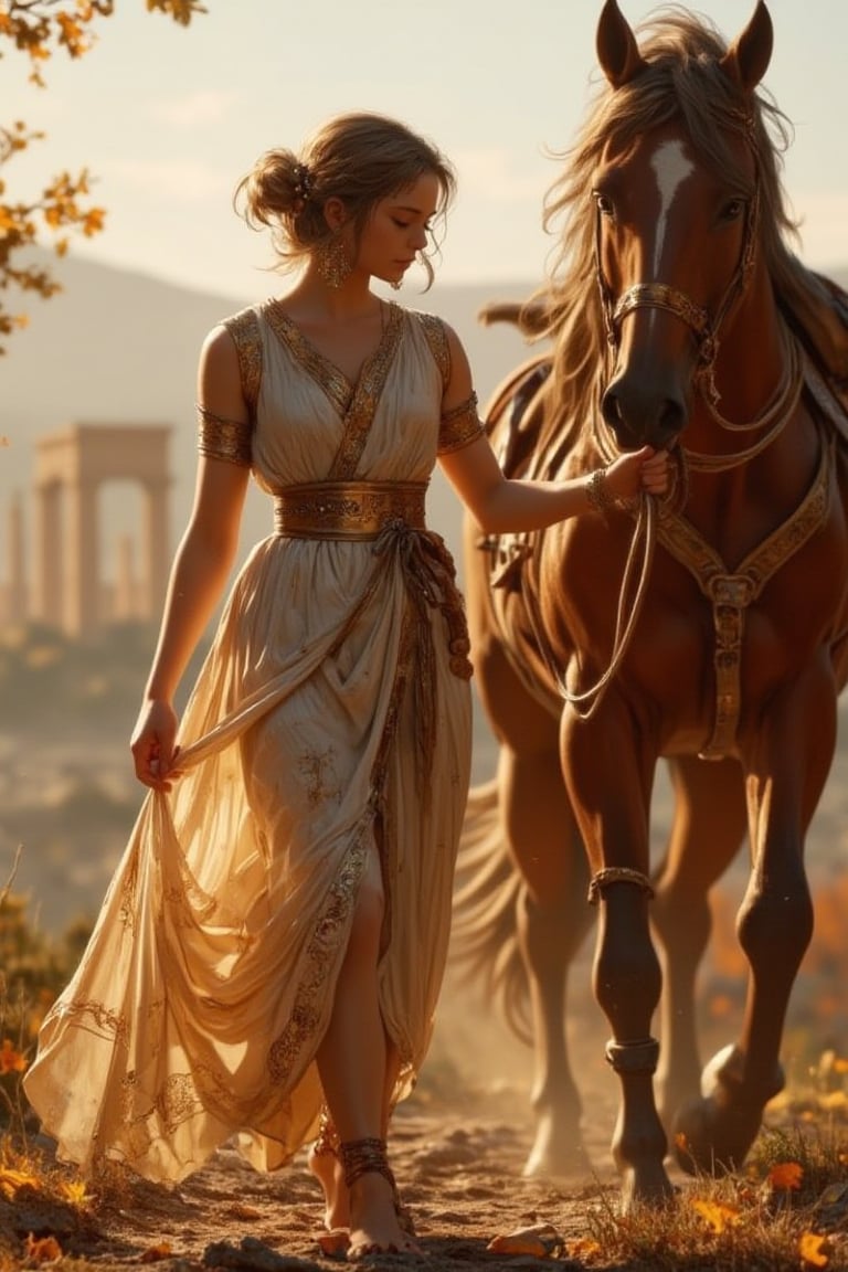 Masterpiece, (8K High Resolution), (Ultra High Resolution 3840 x 2160), (Ultimate Subjective), (12K Ultra High Resolution Wallpaper 8k).Photo, realistic, light refraction, A warm autumn afternoon scene: a young girl in ancient Greek attire leading a horse. The girl wears a flowing chiton dress with intricate folds and a decorative belt. Her hair is styled in a classical Greek updo with ribbons. She gently holds the reins of a majestic horse standing beside her. The horse is finely rendered with attention to its musculature and mane. The background hints at a Greek landscape with distant columns or ruins. The artwork should have crisp, clean lines and high contrast, emphasizing the manga aesthetic while maintaining the classical Greek elements. Include subtle shading and textures to enhance the depth and detail of the image., beautiful 8k photorealistic,
