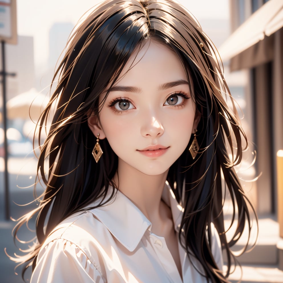 (Highest Quality), (Realistic, Realistic:1.1), Highest Quality, Masterpiece, Beautiful and Aesthetic, 16K, High Contrast, (Vivid Colors:1.3), Exquisite Details and Textures, Cinematic Shots, Warm Tone, (Bright, Intense), Highly realistic illustration background, black long hair, brown eyes, beautiful Korean girl, pale skin, small earrings, detailed character design style, digital airbrushing, 8k resolution, glowing colors Ultra HD, detailed painting, wide smiling face, Sparkly, cute and adorable, surreal, breathtaking beauty, pure perfection, divine, unforgettable, impressive, front view, skirt, shirt,masterpiece