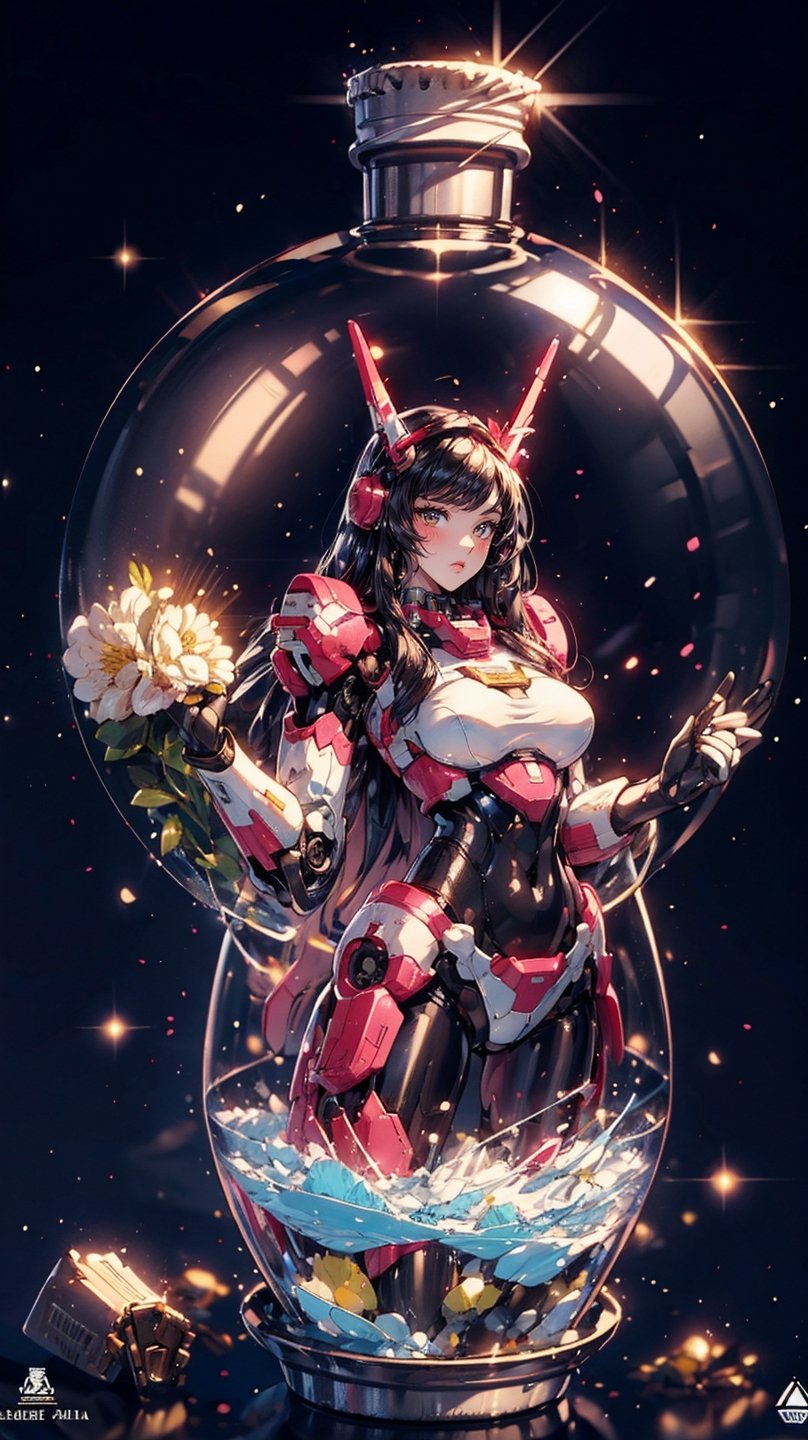 (Masterpiece, Superior） 
(Masterpiece, Superior, Superb, Official Art, Beautiful :1.2), A young girl, long black hair , eautiful women with cat like ears wearing a suit (bodysuit) that is a tight fit. medium breasts, slime thicc, em (typography),
(container, bottle), snowflake background ,
,SGBB
<em><u>phgls, in container,bottle,3dcharacter,Mecha,mecha