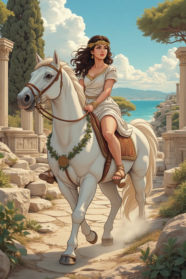 AniReal, illustration of an animated Greek maiden riding horseback through ancient Hellas. She is dressed in a flowing white chiton  with gold trim along the edges, the fabric elegantly draped and secured with ornate bronze fibulae (別針) at her shoulders, paired with leather sandals that lace up her calves. The rider sits gracefully sidesaddle on a white horse adorned with olive leaf garlands, her right hand holding loose reins decorated with Mediterranean blue beads, while her left hand rests gently on the horse's mane. Her dark curled hair is partially gathered with a golden laurel wreath, with loose curls dancing in the Aegean breeze. Her expression is serene yet dignified, embodying classical Greek beauty. The background features ancient marble columns, cypress trees, and the azure Mediterranean Sea in the distance.