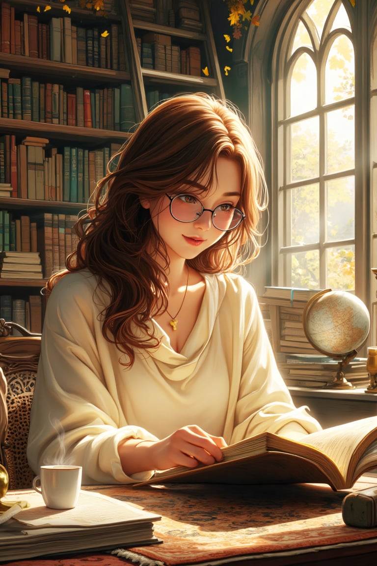 A digital illustration of a young woman in a cozy library setting, with soft autumn afternoon light streaming through tall arched windows. She has flowing chestnut brown hair falling in gentle waves past her shoulders, fair skin with a natural rosy glow, and warm hazel eyes focused intently on the book before her. Her delicate features show complete absorption in her reading.
Character details:
cream colored sweater with loose cowl neck
simple gold pendant catching the light
wire-framed reading glasses perched on nose
slight smile as she reads
fingers gently turning weathered pages
Library atmosphere:
towering wooden bookshelves stretching upward
leather-bound books in various rich colors
rolling ladder leaning against shelves
old globe on brass stand nearby
antique reading lamp casting warm glow
carved wooden desk with intricate details
Environmental elements:
dust motes dancing in sunbeams
autumn leaves visible through windows
Persian carpet with faded patterns
stacked books creating natural frames
vintage brass bookends
steaming cup of tea beside open book
Lighting details:
golden afternoon light through windows
warm lamp light on pages
subtle shadows between bookshelves
highlights on book spines
gentle contrast between light and shadow