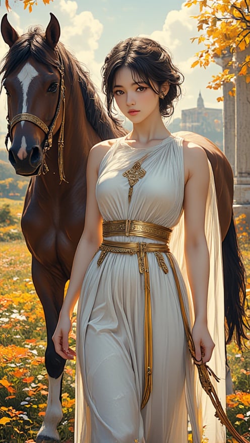 XUER guangying,,
score_9,score_8_up,score_7_up,score_6_up,score_5_up,score_4_up,
Photo, realistic, light refraction, A warm autumn afternoon scene: a young girl in ancient Greek attire leading a horse. The girl wears a flowing chiton dress with intricate folds and a decorative belt. Her hair is styled in a classical Greek updo with ribbons. She gently holds the reins of a majestic horse standing beside her. The horse is finely rendered with attention to its musculature and mane. The background hints at a Greek landscape with distant columns or ruins. The artwork should have crisp, clean lines and high contrast, emphasizing the manga aesthetic while maintaining the classical Greek elements. Include subtle shading and textures to enhance the depth and detail of the image., beautiful 8k photorealistic,
