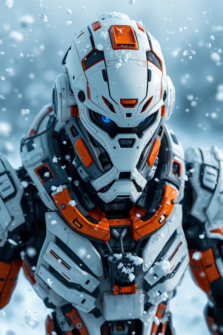 A photo of a futuristic robotic entity in a snowy environment. The robot has a predominantly white and gray color scheme with intricate details, such as orange accents and various mechanical components. Its visor is reminiscent of a mask, with two prominent blue eyes. The robot is equipped with multiple gadgets and tools, including what appears to be a communication device on its chest and a mechanical arm on its side. Snowflakes are seen adhering to its surface, suggesting it has been in this environment for some time.,Fantasy Regal Artgem,txznline