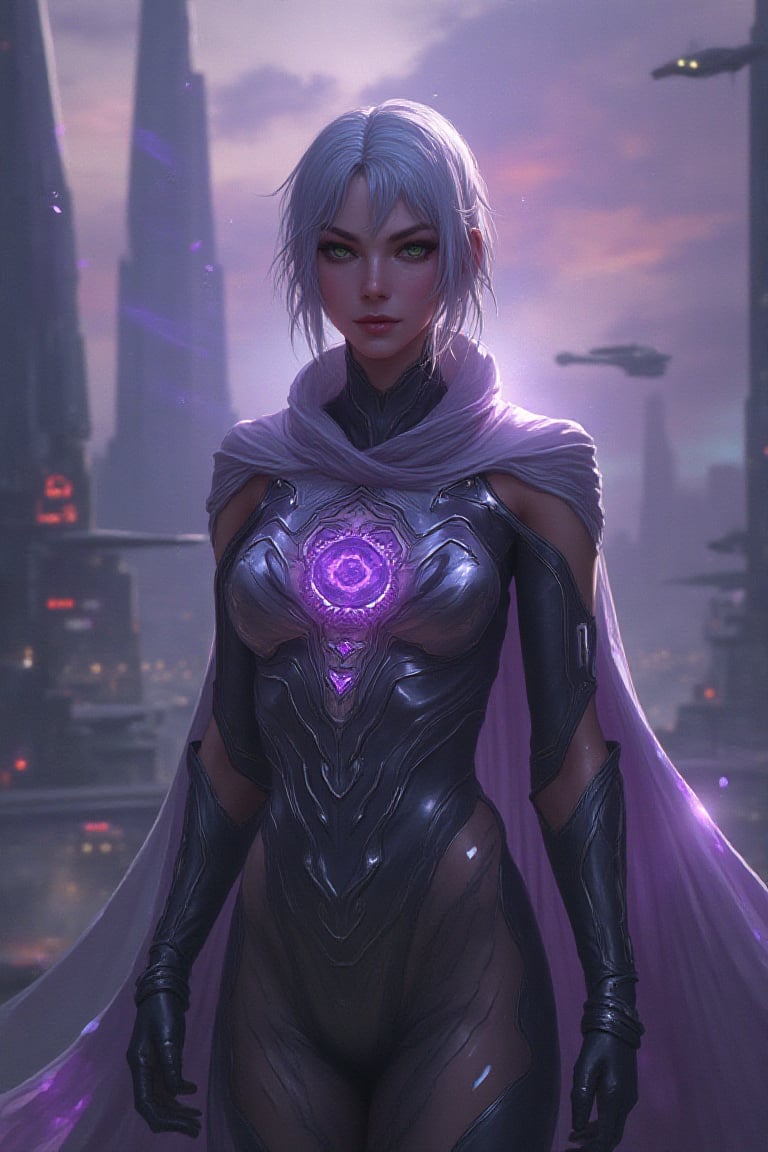 Chiseled woman with close-cropped, silver hair, and piercing emerald eyes that radiate intensity. She's in a form-fitting, metallic catsuit with a glowing, geometric design, and a detached, energy-infused cloak that flickers with a mystical aura. A large, amethyst gem is embedded in her chestpiece, glowing with a powerful, otherworldly light. The backdrop is a futuristic city in twilight, with soaring architectural marvels, hovering transport systems, and a lilac-hued sky filled with flying vehicles.