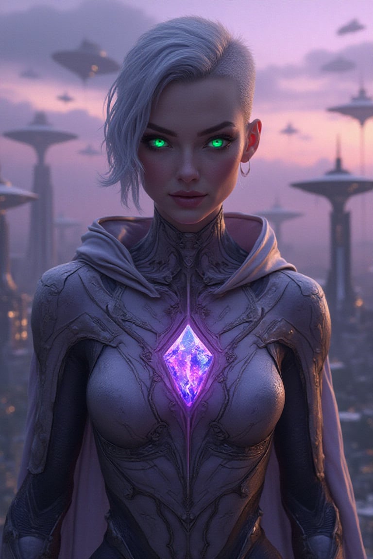 Chiseled woman with close-cropped, silver hair, and piercing emerald eyes that radiate intensity. She's in a form-fitting, metallic catsuit with a glowing, geometric design, and a detached, energy-infused cloak that flickers with a mystical aura. A large, amethyst gem is embedded in her chestpiece, glowing with a powerful, otherworldly light. The backdrop is a futuristic city in twilight, with soaring architectural marvels, hovering transport systems, and a lilac-hued sky filled with flying vehicles.