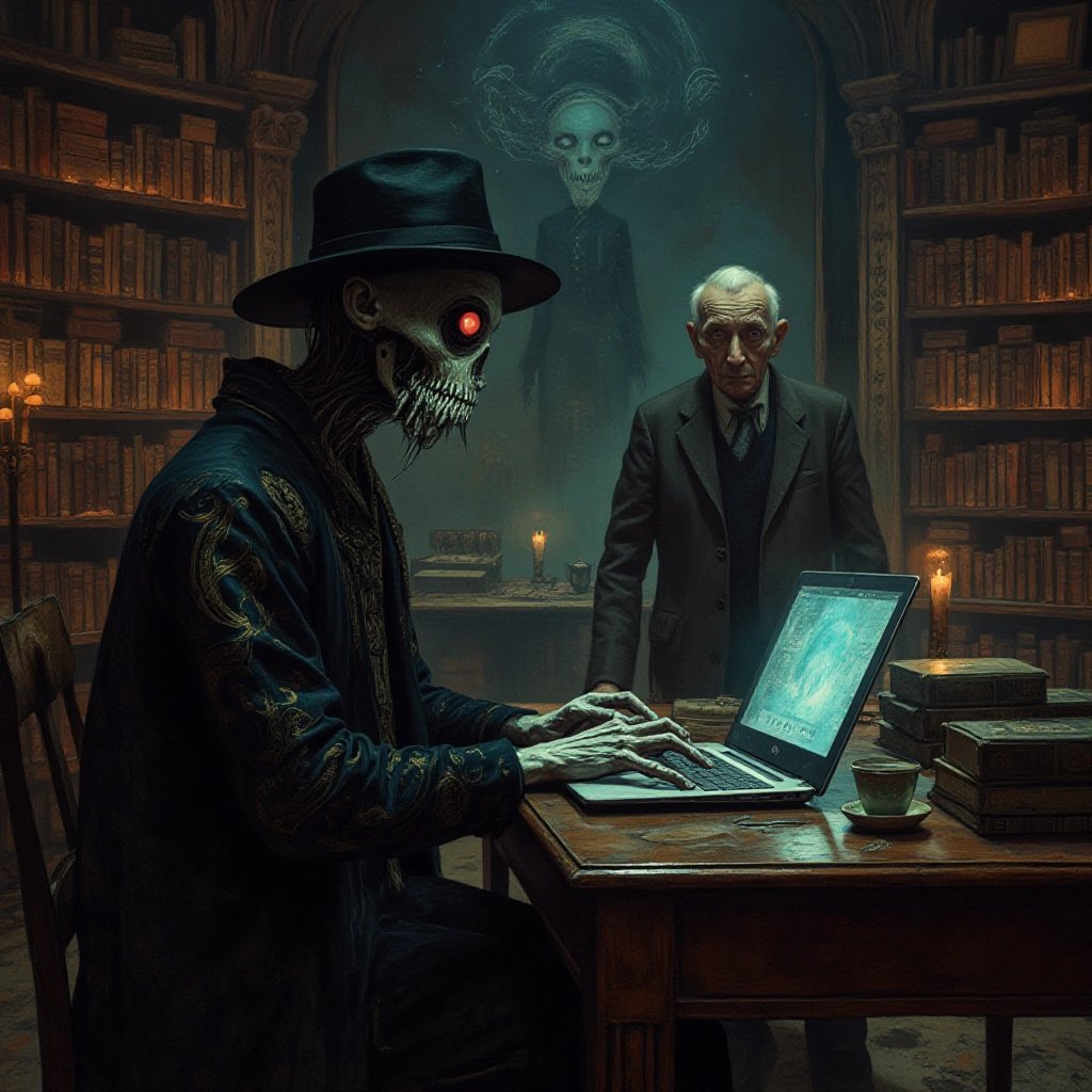 breathtaking mural that merges the realms of science fiction and fantasy, each segment highlighting a unique blend of the two genres.surreal, darkly humorous scene meme with eldritch fantasy horror elements.

A man in a fedora, seated at a dimly lit antique desk with a glowing laptop, His features should be pale and gaunt, with piercing, otherworldly eyes that gleam with an unnatural light.wears a dark, intricately embroidered robe with eldritch symbols, hinting at a hidden, cosmic power. His hands might be unusually long and slender, with impossibly sharp nails.
The background should be a grand, decaying library or study, filled with towering bookshelves and ancient artifacts, subtly hinting at a cosmic or otherworldly presence. Dust motes dance in beams of unnatural light, and strange runes or glyphs might be etched onto the walls.
An older man,stands in the background, looking concerned and bewildered. He's dressed in more traditional attire, perhaps a suit or a tweed jacket, emphasizing the contrast with the son's otherworldly appearance.,Junji Ito