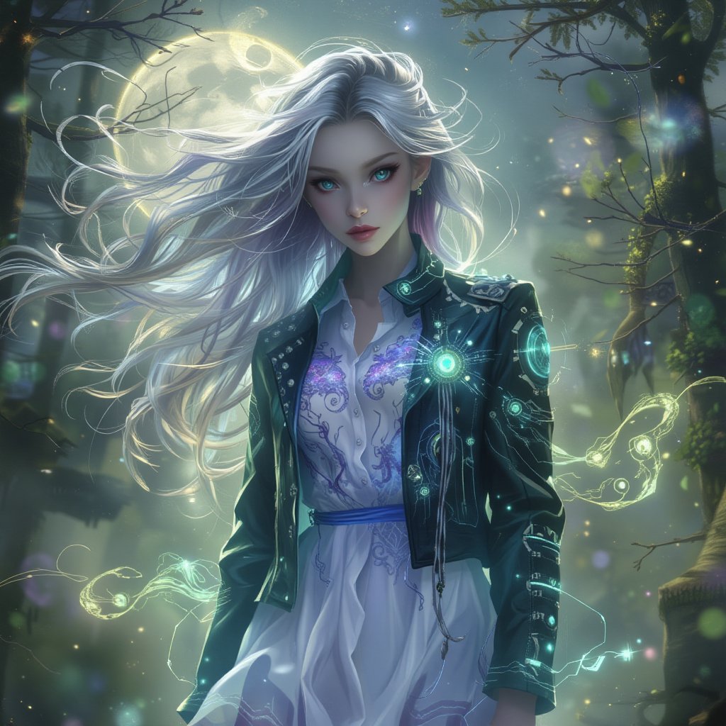 Fantasy portrait, woman with flowing silver hair and piercing emerald eyes, stands in a misty, moonlit forest, surrounded by glowing, ethereal light. - She wears a long, flowing white shirt with intricate, swirling patterns that seem to shift and dance across its surface, like the Northern Lights. - The patterns are a mesmerizing blend of blues, purples, and greens, and appear to be alive, moving in sync with her heartbeat. - Over the shirt, she wears a fitted black leather jacket with silver studs that seem to reflect the moonlight, but the real showstopper is the jacket's intricate, glowing circuitry pattern that pulses with a soft, electric blue light. - Her eyes seem to hold a deep wisdom, and her presence is both calming and mysterious, as if she's a guardian of the mystical forces that surround her.,Sparkle Glowing 