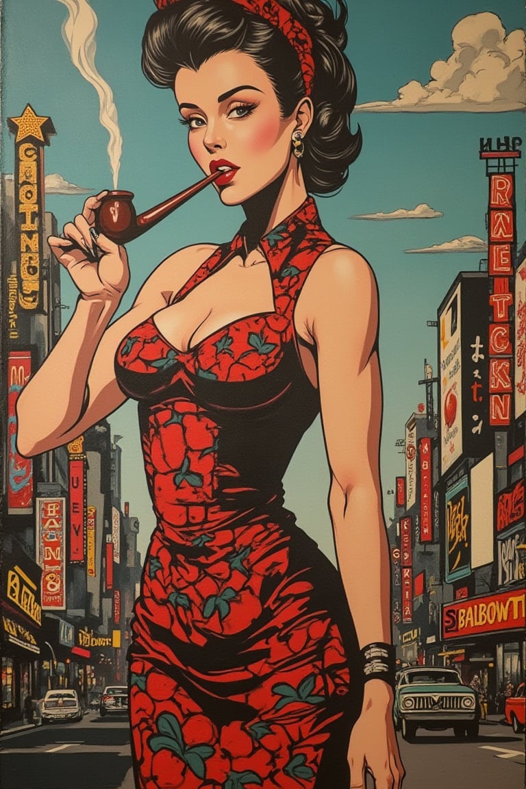 vintage-inspired mural features a rockabilly woman with muscular biceps and six pack abs standing confidently in the foreground. She is dressed in a fitted, retro-style dress that accentuates her curvaceous figure, complete with a bold cherry print. Her hair is styled in a voluminous, pin-up victory roll, and she holds a long, elegant pipe in her hand, exhaling a plume of smoke that speels the text "Diffraction Grating",neon signs and billboards scattered throughout the city, adding a touch of scientific intrigue to the retro-futuristic scene. The overall effect is a captivating blend of vintage charm and futuristic allure, with the rockabilly woman exuding confidence and style amidst the vibrant, colorful backdrop.