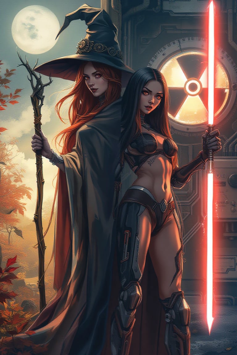 Split portrait combining with two distinct halves, each depicting a unique scene that blends science fiction and fantasy elements. Left Side: - A majestic witch stands tall amidst an enchanting autumnal landscape, illuminated by a soft moonlit glow. - Her fiery red hair cascades down her back like a river of flames, contrasting with her flowing robes that billow behind her, disappearing into the shadows. - She holds a staff adorned with intricate details, and a pointed hat sits atop her head, framed by the studio's sharp focus. - Her face is a masterpiece of perfect features, bathed in a warm, mystical light. - The background is filled with golden light and crimson leaves, creating a magical atmosphere. Right Side: - A cybernetic warrior woman stands confidently amidst a high-tech, post-apocalyptic environment. - She has long, dark hair and striking features, with visible cybernetic enhancements integrated into her body, including mechanical arms and a mechanical headpiece. - Her attire is minimal, showcasing her muscular physique and cybernetic implants. - She wields a glowing, energy sword in her right hand, which emits a bright, otherworldly light. - Behind her, a large, ominous radiation symbol glows intensely, set against a backdrop of dark, industrial machinery and circuitry. - The overall color scheme is dark and moody, with vibrant highlights from the glowing sword and radiation symbol, creating a stark contrast that emphasizes the fusion of technology and danger,J Horror Anime