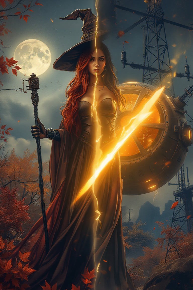 Split portrait combining with two distinct halves, each depicting a unique scene that blends science fiction and fantasy elements. Left Side: - A majestic witch stands tall amidst an enchanting autumnal landscape, illuminated by a soft moonlit glow. - Her fiery red hair cascades down her back like a river of flames, contrasting with her flowing robes that billow behind her, disappearing into the shadows. - She holds a staff adorned with intricate details, and a pointed hat sits atop her head, framed by the studio's sharp focus. - Her face is a masterpiece of perfect features, bathed in a warm, mystical light. - The background is filled with golden light and crimson leaves, creating a magical atmosphere. Right Side: - A cybernetic warrior woman stands confidently amidst a high-tech, post-apocalyptic environment. - She has long, dark hair and striking features, with visible cybernetic enhancements integrated into her body, including mechanical arms and a mechanical headpiece. - Her attire is minimal, showcasing her muscular physique and cybernetic implants. - She wields a glowing, energy sword in her right hand, which emits a bright, otherworldly light. - Behind her, a large, ominous radiation symbol glows intensely, set against a backdrop of dark, industrial machinery and circuitry. - The overall color scheme is dark and moody, with vibrant highlights from the glowing sword and radiation symbol, creating a stark contrast that emphasizes the fusion of technology and danger,J Horror Anime,A colossal spherical space station drifts through the depths of space, its metallic surface illuminated by the distant stars. Tiny orange lights flicker sporadically across its surface, hinting at the bustling activity within. Massive antennas and towering structures jut out from its poles, communicating with the galaxy beyond. This orbital megastructure, with layers of armor and hidden chambers, serves as a hub of advanced technology and civilization, a beacon of human ingenuity in the vast cosmic expanse.