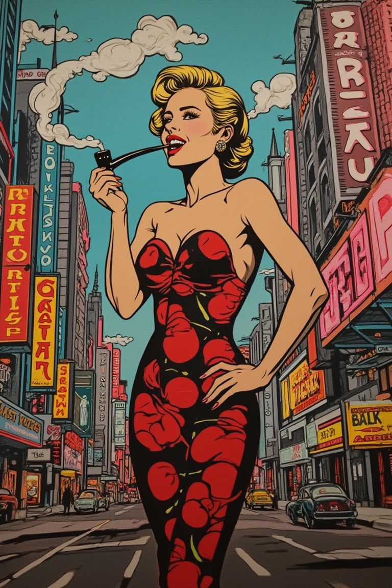 vintage-inspired mural features a rockabilly woman standing confidently in the foreground. She is dressed in a fitted, retro-style dress that accentuates her curvaceous figure, complete with a bold cherry print. Her hair is styled in a voluminous, pin-up victory roll, and she holds a long, elegant pipe in her hand, exhaling a plume of smoke that swirls around her. Behind her, a bustling cityscape is filtered through a diffraction grating effect, creating a mesmerizing spectrum of colors that dance across the buildings. The words "Diffraction Grating" are subtly integrated into the neon signs and billboards scattered throughout the city, adding a touch of scientific intrigue to the retro-futuristic scene. The overall effect is a captivating blend of vintage charm and futuristic allure, with the rockabilly woman exuding confidence and style amidst the vibrant, colorful backdrop.