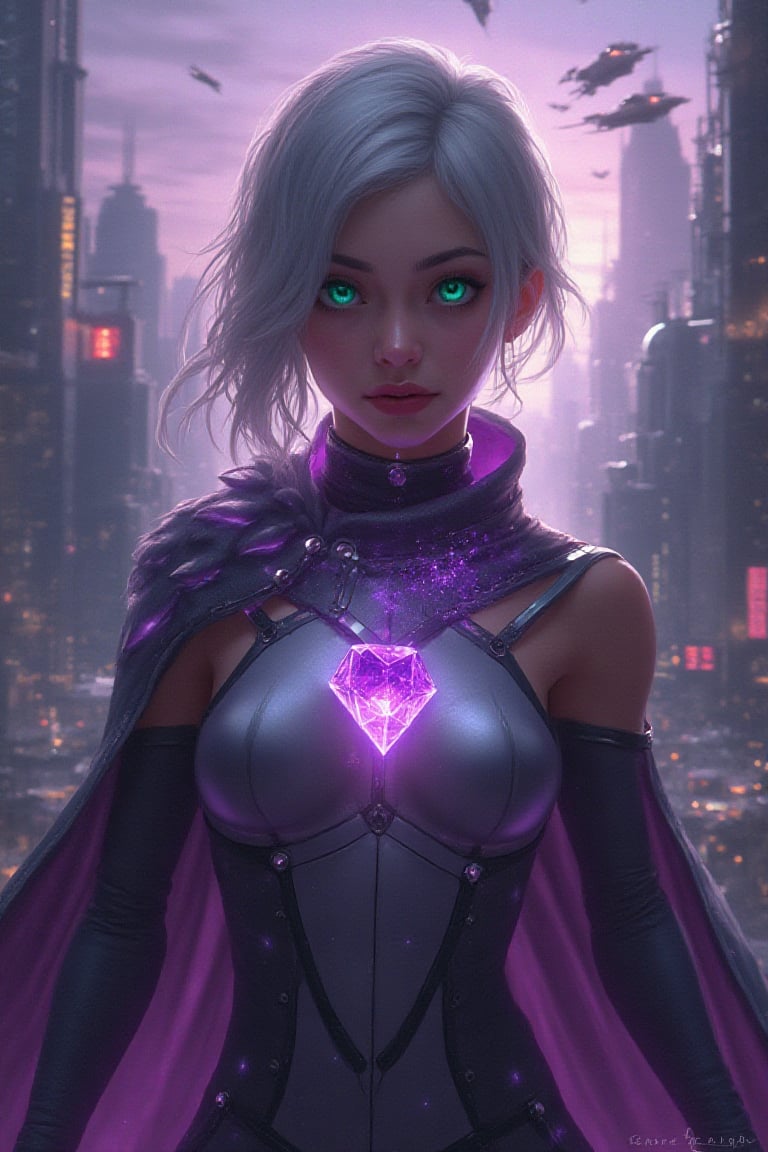 Chiseled woman with close-cropped, silver hair, and piercing emerald eyes that radiate intensity. She's in a form-fitting, metallic catsuit with a glowing, geometric design, and a detached, energy-infused cloak that flickers with a mystical aura. A large, amethyst gem is embedded in her chestpiece, glowing with a powerful, otherworldly light. The backdrop is a futuristic city in twilight, with soaring architectural marvels, hovering transport systems, and a lilac-hued sky filled with flying vehicles.