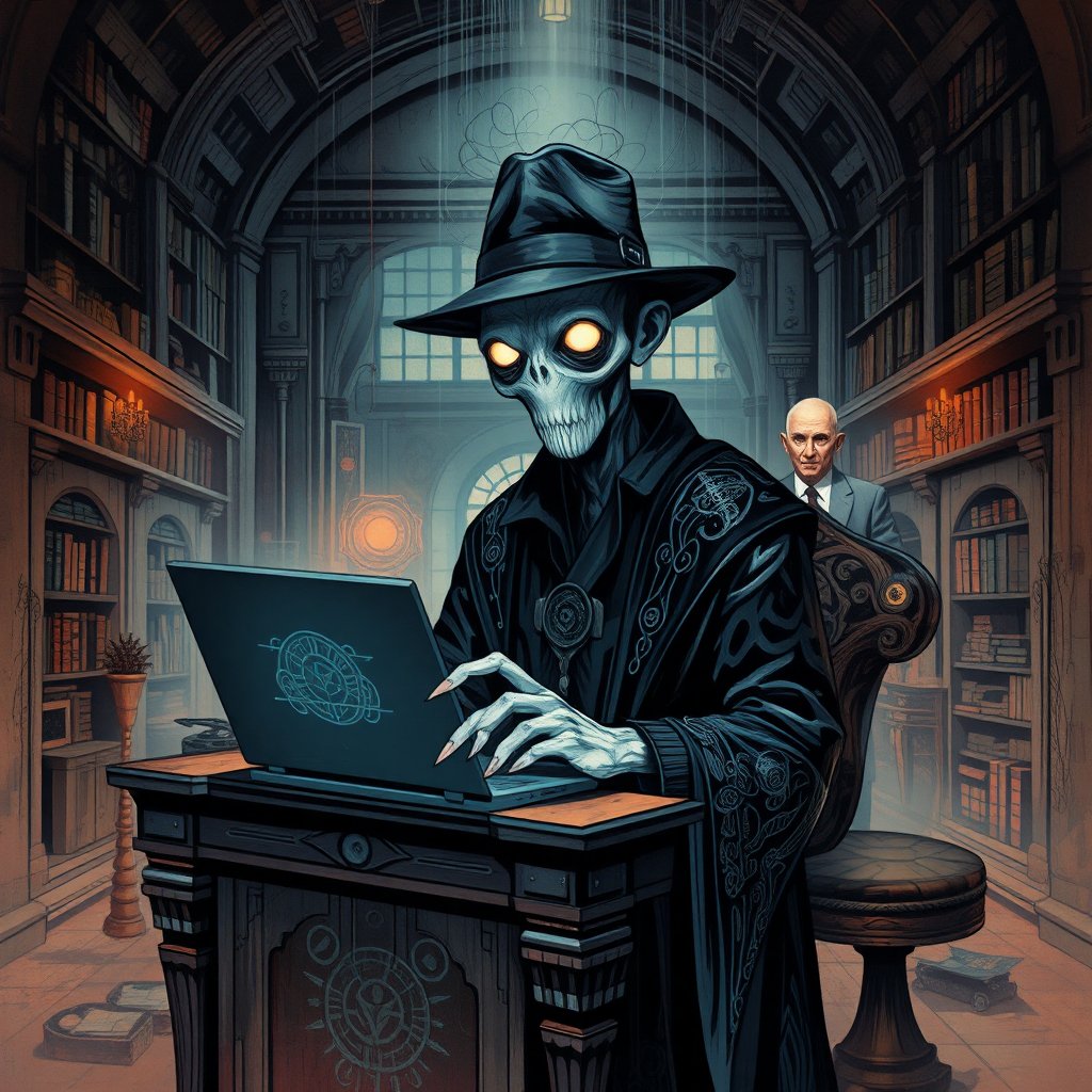 breathtaking mural that merges the realms of science fiction and fantasy, each segment highlighting a unique blend of the two genres.surreal, darkly humorous scene meme with eldritch fantasy horror elements.

A man in a fedora, seated at a dimly lit antique desk with a glowing laptop, His features should be pale and gaunt, with piercing, otherworldly eyes that gleam with an unnatural light.wears a dark, intricately embroidered robe with eldritch symbols, hinting at a hidden, cosmic power. His hands might be unusually long and slender, with impossibly sharp nails.
The background should be a grand, decaying library or study, filled with towering bookshelves and ancient artifacts, subtly hinting at a cosmic or otherworldly presence. Dust motes dance in beams of unnatural light, and strange runes or glyphs might be etched onto the walls.
An older man,stands in the background, looking concerned and bewildered. He's dressed in more traditional attire, perhaps a suit or a tweed jacket, emphasizing the contrast with the son's otherworldly appearance.,Junji Ito,noc-isometric