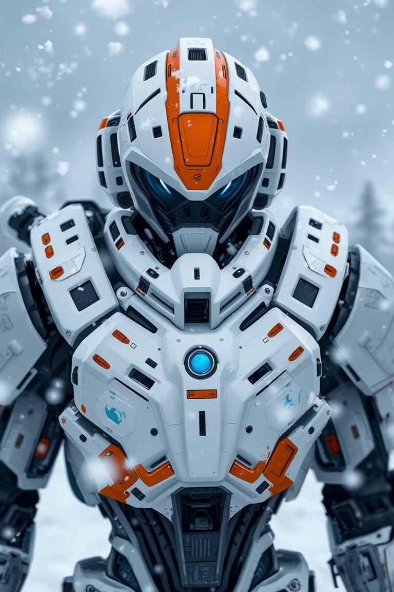 A photo of a futuristic robotic entity in a snowy environment. The robot has a predominantly white and gray color scheme with intricate details, such as orange accents and various mechanical components. Its visor is reminiscent of a mask, with two prominent blue eyes. The robot is equipped with multiple gadgets and tools, including what appears to be a communication device on its chest and a mechanical arm on its side. Snowflakes are seen adhering to its surface, suggesting it has been in this environment for some time.,Fantasy Regal Artgem,txznline