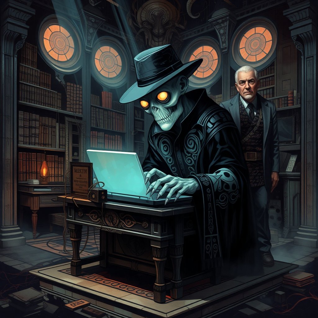 breathtaking mural that merges the realms of science fiction and fantasy, each segment highlighting a unique blend of the two genres.surreal, darkly humorous scene meme with eldritch fantasy horror elements.

A man in a fedora, seated at a dimly lit antique desk with a glowing laptop, His features should be pale and gaunt, with piercing, otherworldly eyes that gleam with an unnatural light.wears a dark, intricately embroidered robe with eldritch symbols, hinting at a hidden, cosmic power. His hands might be unusually long and slender, with impossibly sharp nails.
The background should be a grand, decaying library or study, filled with towering bookshelves and ancient artifacts, subtly hinting at a cosmic or otherworldly presence. Dust motes dance in beams of unnatural light, and strange runes or glyphs might be etched onto the walls.
An older man,stands in the background, looking concerned and bewildered. He's dressed in more traditional attire, perhaps a suit or a tweed jacket, emphasizing the contrast with the son's otherworldly appearance.,Junji Ito,noc-isometric