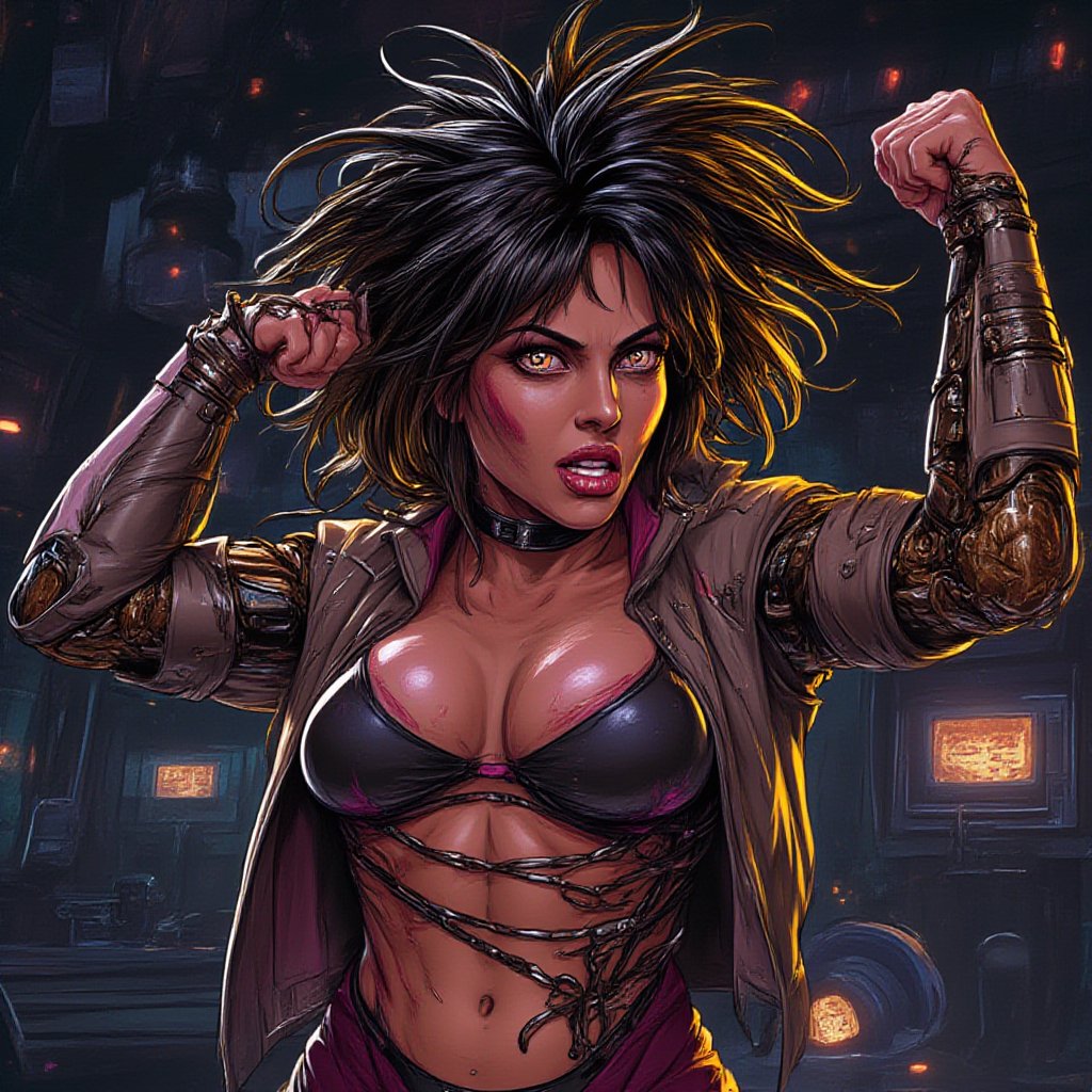 a photo, a muscular woman flexing in a space station, cosmic hair, muscle definition, muscle striations, vascular muscles,
she is insane, she is strong, and she is proud of herself. she has sixpack abs,stark contrast, she's enhanced with cybernetic implants, her mechanical arm revealing a terrifying technological might,Anime Magical Gold Realism Niji Style