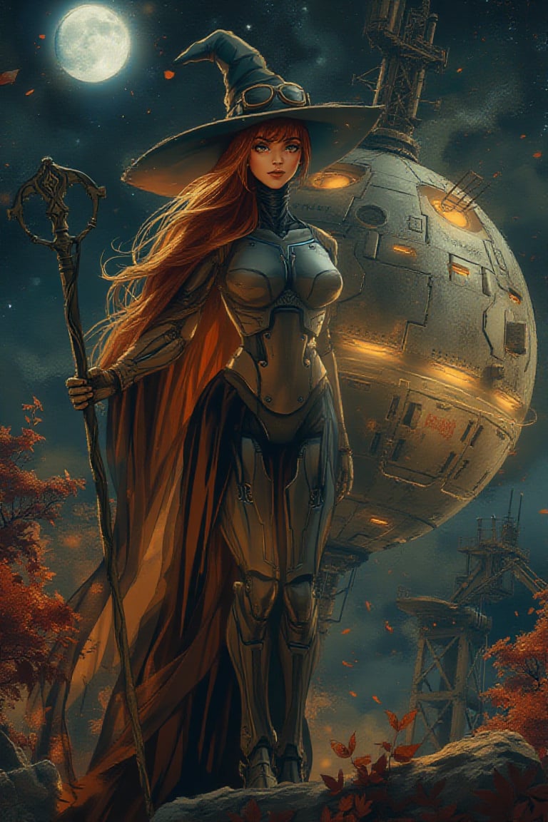 Split portrait combining with two distinct halves, each depicting a unique scene that blends science fiction and fantasy elements. Left Side: - A majestic witch stands tall amidst an enchanting autumnal landscape, illuminated by a soft moonlit glow. - Her fiery red hair cascades down her back like a river of flames, contrasting with her flowing robes that billow behind her, disappearing into the shadows. - She holds a staff adorned with intricate details, and a pointed hat sits atop her head, framed by the studio's sharp focus. - Her face is a masterpiece of perfect features, bathed in a warm, mystical light. - The background is filled with golden light and crimson leaves, creating a magical atmosphere. Right Side: - Muscular cyborg women she has six pack abs and bulging biceps and she is strong,grungy, industrial scene set on a dark night, with a robotic female humanoid standing prominently in the foreground. The humanoid has blonde hair and wears a mecha suit, complete with mechanical armor and robotic legs. Her chest is protected by a chest plate armor, and she sports mecha goggles ,J Horror Anime,A colossal spherical space station drifts through the depths of space, its metallic surface illuminated by the distant stars. Tiny orange lights flicker sporadically across its surface, hinting at the bustling activity within. Massive antennas and towering structures jut out from its poles, communicating with the galaxy beyond. This orbital megastructure, with layers of armor and hidden chambers, serves as a hub of advanced technology and civilization, a beacon of human ingenuity in the vast cosmic expanse.