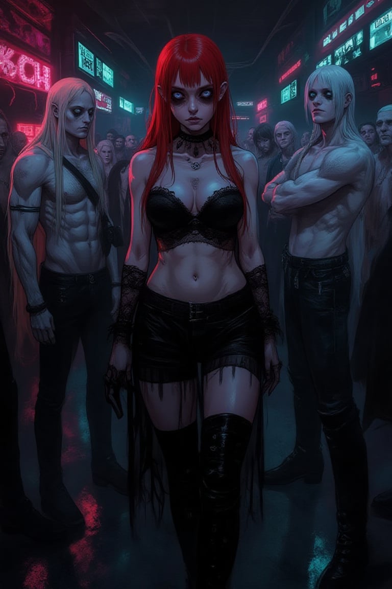 majestic witch in a dark, underground nightclub, surrounded by a crowd of gothic revelers. Her fiery red hair is styled in a dramatic, edgy cut, and her eyes are a piercing, otherworldly blue. She wears a low-cut, black lace top that reveals her toned, mystical chest, paired with black, high-waisted pants and tall, black boots. Behind her, a muscle goth woman with platinum white hair and striking blue eyes stands confidently, her powerful, muscular form accentuated by the dim lighting. The nightclub is filled with a mix of futuristic technology and gothic decor, with neon lights casting a colorful glow over the scene. The overall mood is one of mystery and allure, as if the witch and the muscle goth woman are the focal points of the nightclub's enigmatic energy,Junji Ito,pavsok Style,aotstyle