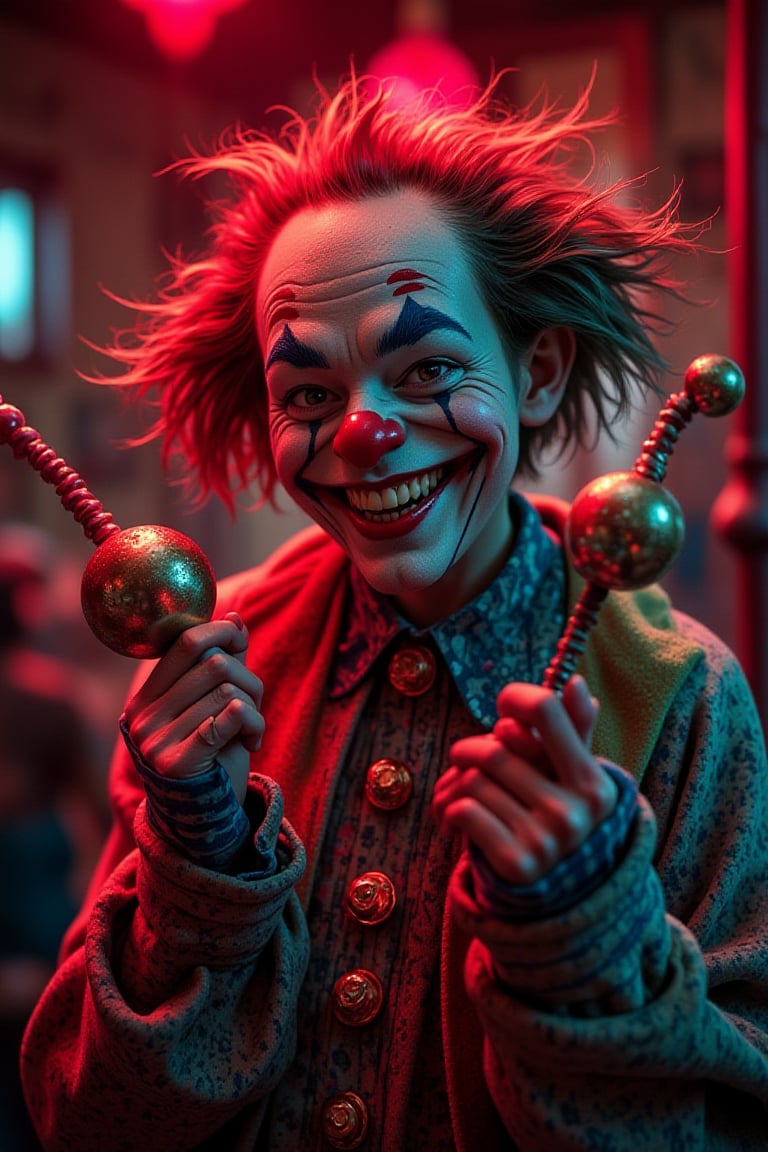 snapshot of a mischievous clown, juggling ball gags and floggers, with a cheeky grin, captioned 'Toys for naughty boys and girls' in neon circus lights.