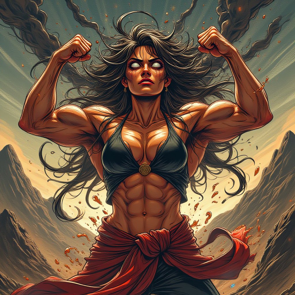 a photo, a muscular woman flexing in the mountains, cosmic hair, muscle definition, muscle striations, vascular muscles,
she is insane, she is strong, and she is proud of herself. she has sixpack abs,summoning forth ink-like tendrils of dark magic that dance in the air, a fierce determination on her face,Anime Magical Gold Realism Niji Style